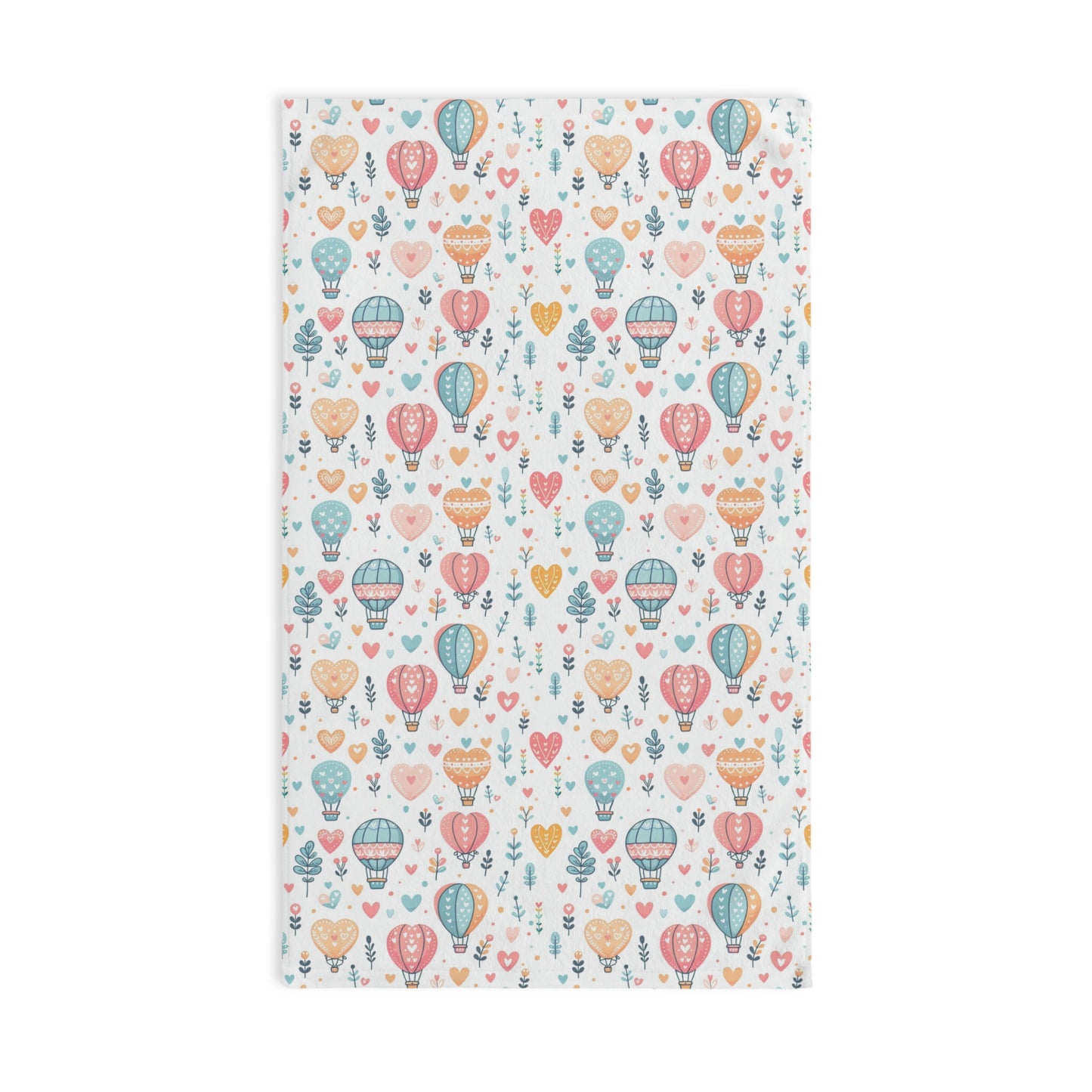 Hand Towel, Hearts & Hot Air Balloons Design, Bathroom Decor, Soft Pastel Colors, Cute Kitchen Towel, Housewarming Gift, Whimsical Towel