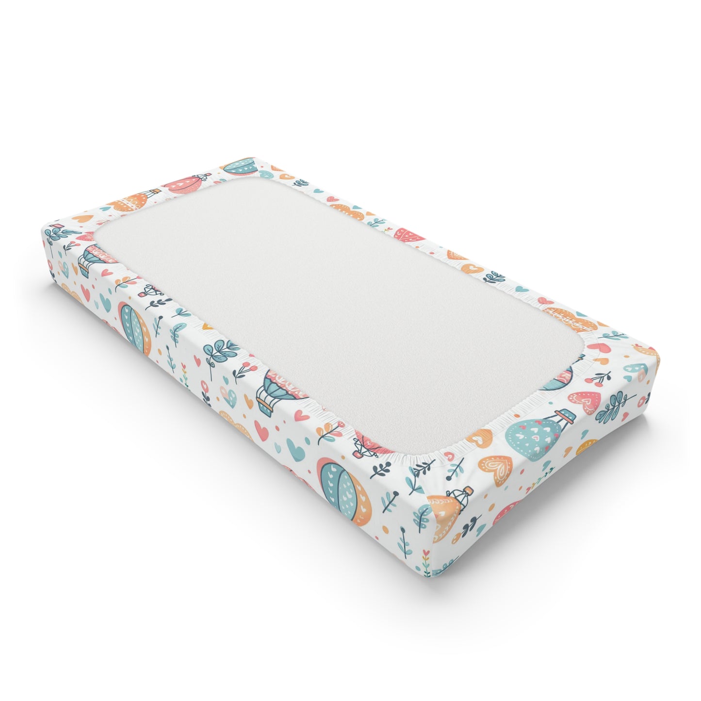 Changing Pad Cover, Hearts & Hot Air Balloons, Nursery Decor, Baby Shower Gift, Pastel Colors, Whimsical Art