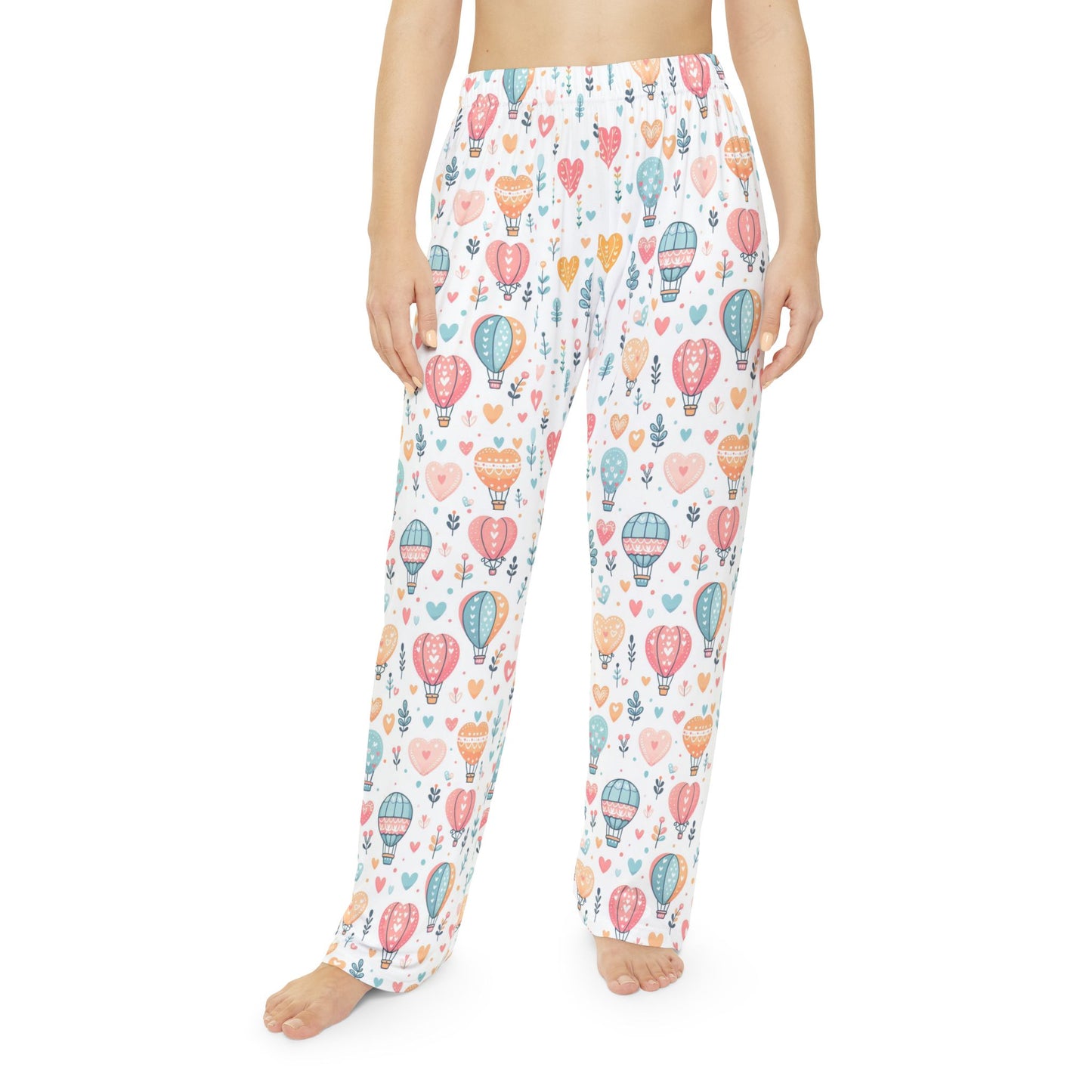 Women's Pajama Pants, Hearts & Hot Air Balloons, Whimsical Art, Soft Pastel Colors, Relaxation Lounge Wear