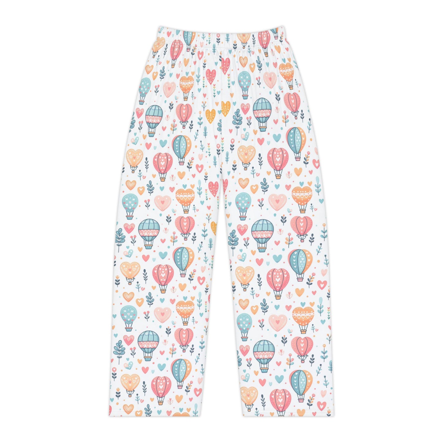 Women's Pajama Pants, Hearts & Hot Air Balloons, Whimsical Art, Soft Pastel Colors, Relaxation Lounge Wear