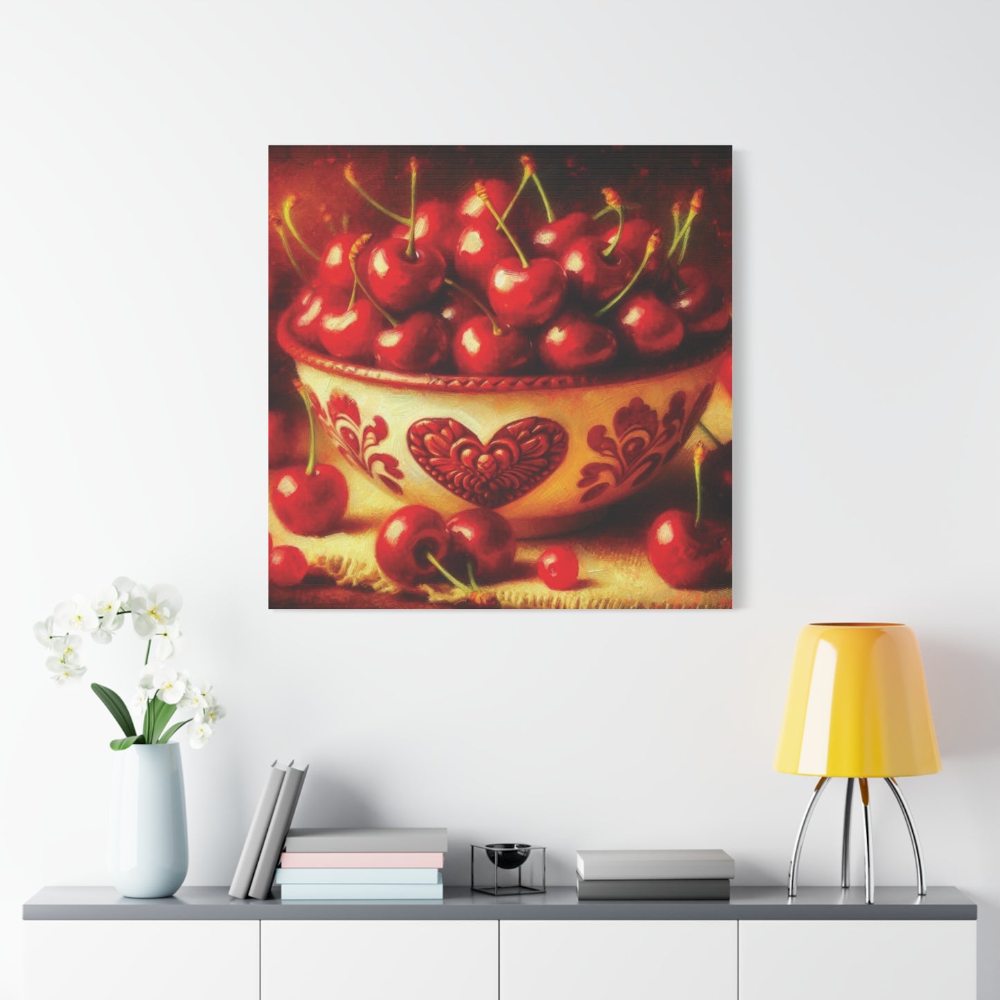 Canvas Print, Love is a Bowl of Cherries, Valentine's Day Gift, Romantic Oil Paint Style Wall Art, Heartwarming Home Decor,
