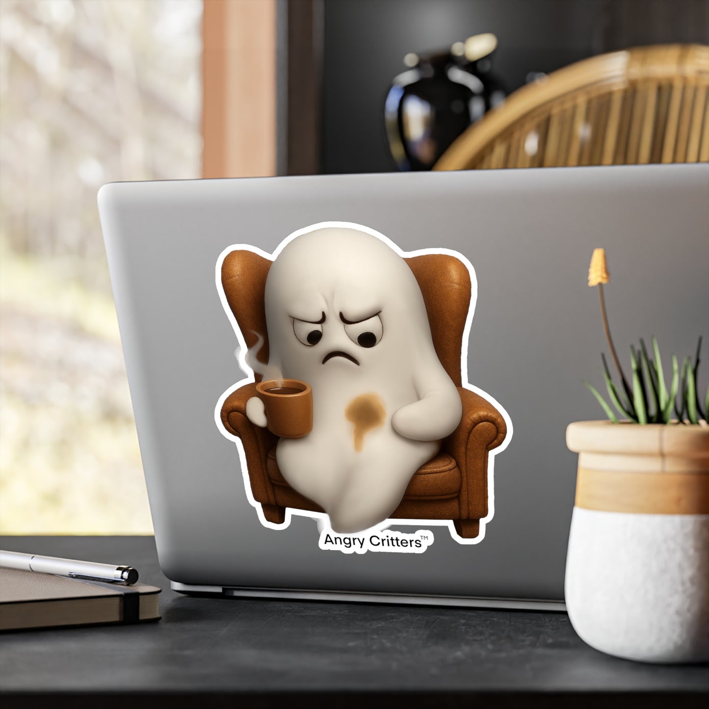 Angry Ghost with Coffee Stain Coffee Sticker — Kiss-Cut Vinyl Decal