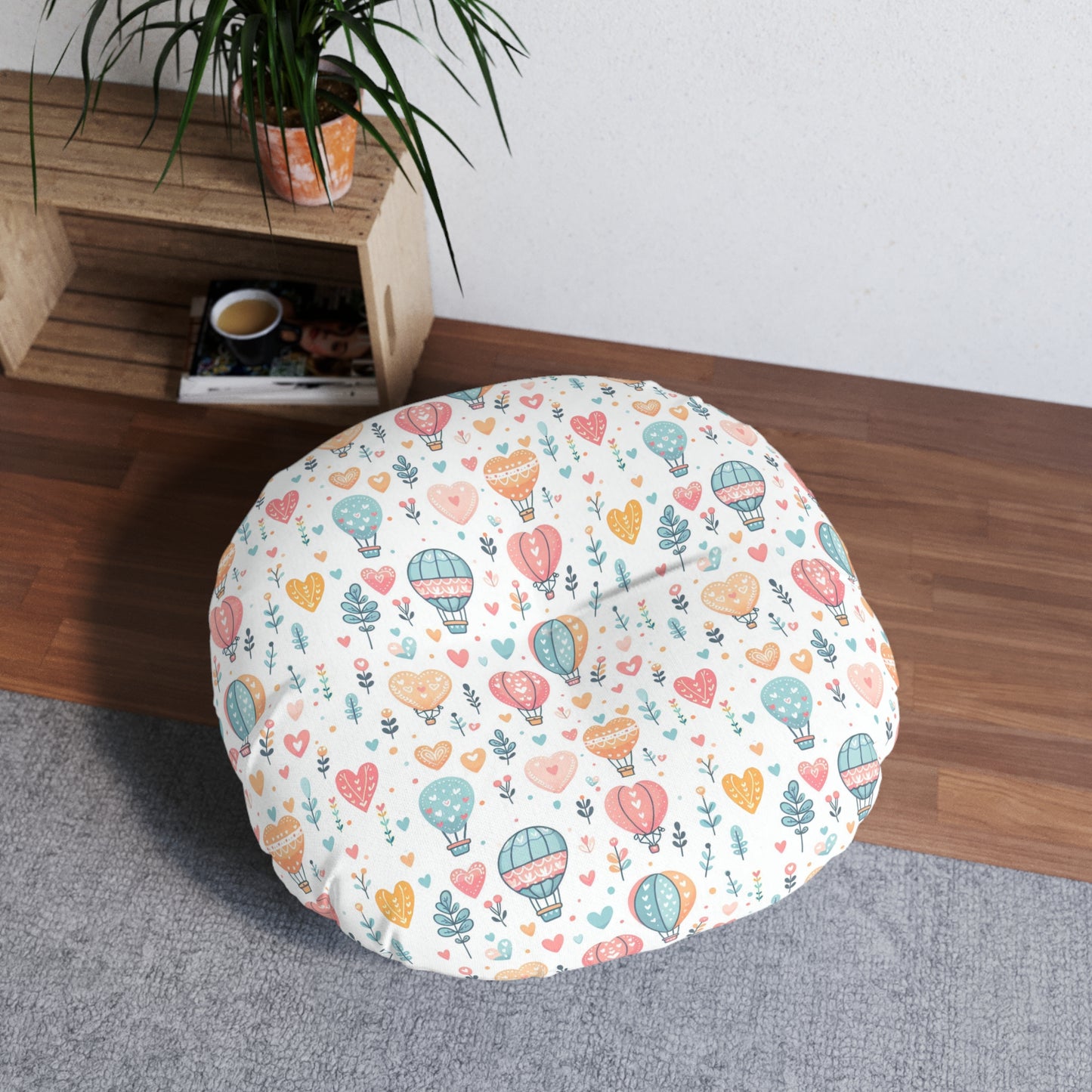 Hearts & Hot Air Balloons Tufted Floor Pillow, Round