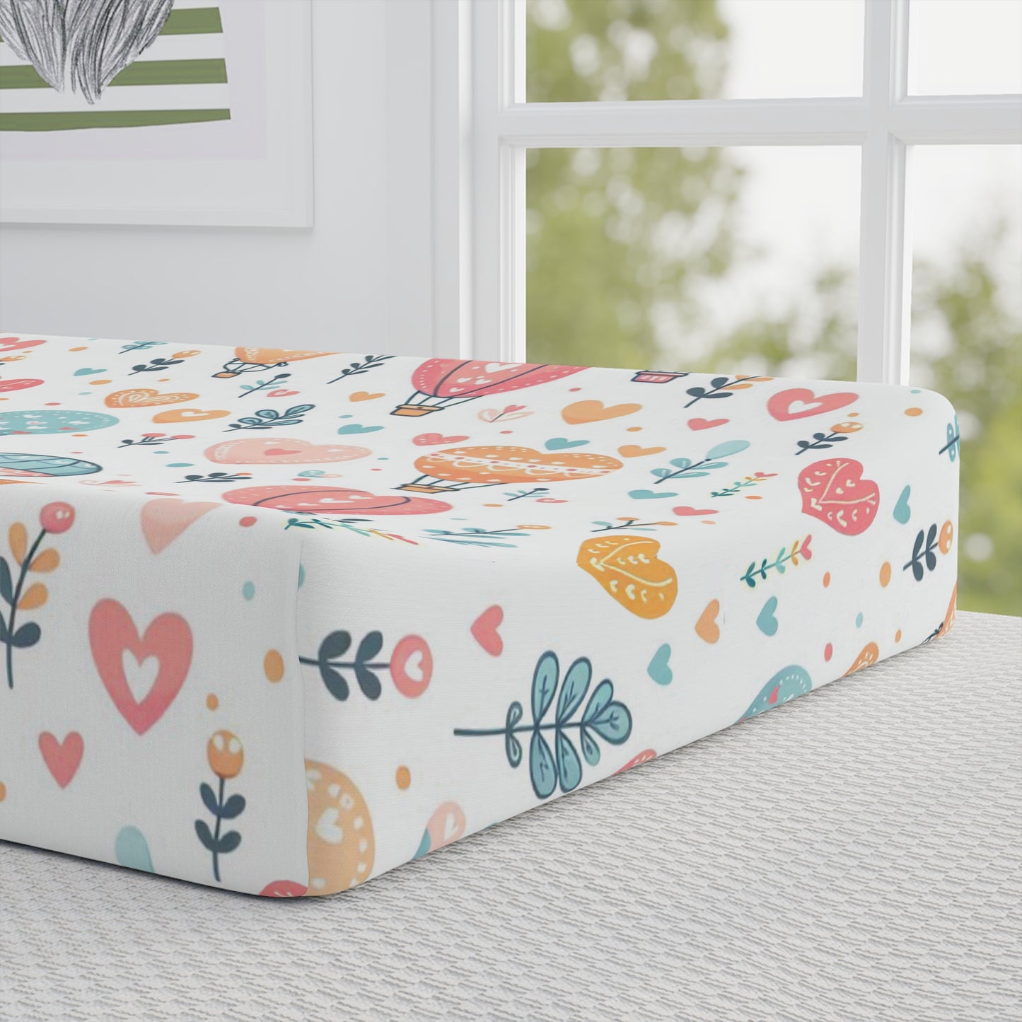 Changing Pad Cover, Hearts & Hot Air Balloons, Nursery Decor, Baby Shower Gift, Pastel Colors, Whimsical Art