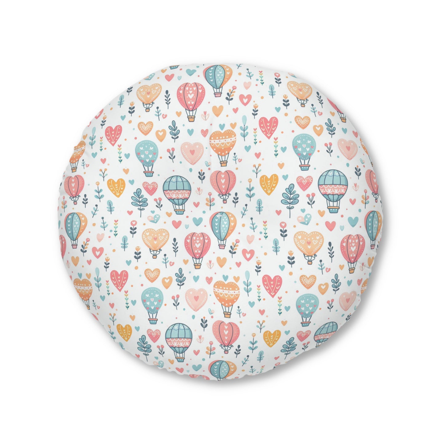 Hearts & Hot Air Balloons Tufted Floor Pillow, Round