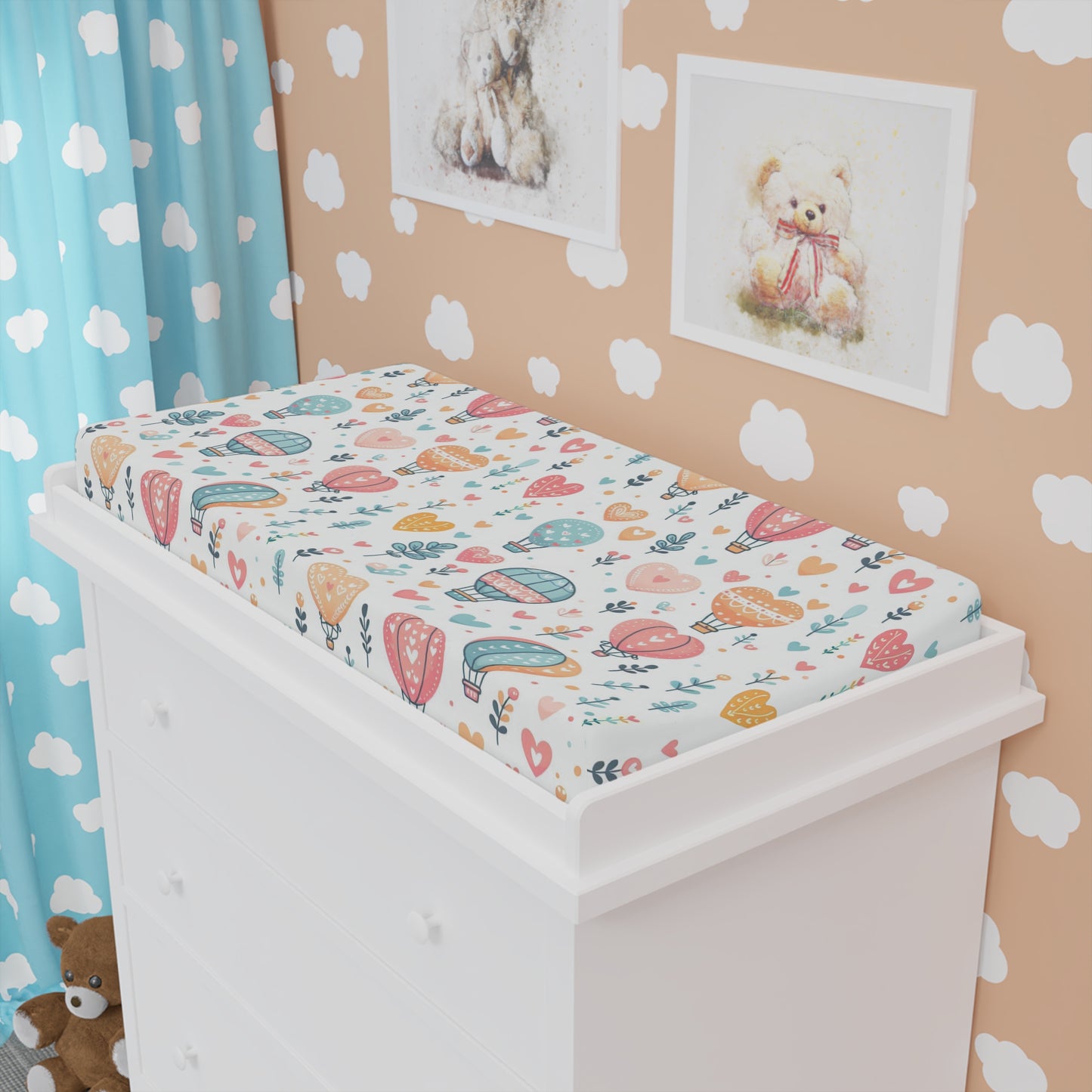 Changing Pad Cover, Hearts & Hot Air Balloons, Nursery Decor, Baby Shower Gift, Pastel Colors, Whimsical Art