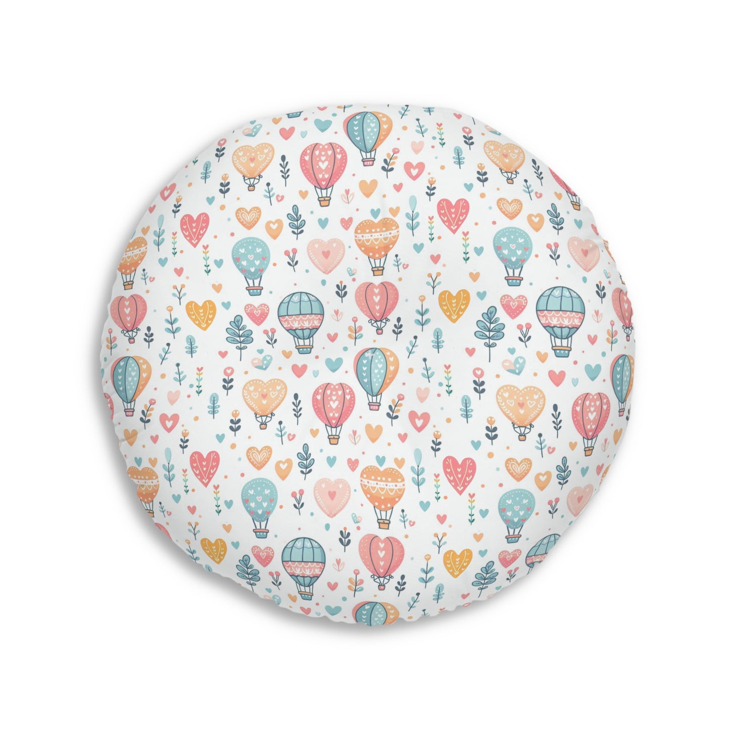 Hearts & Hot Air Balloons Tufted Floor Pillow, Round