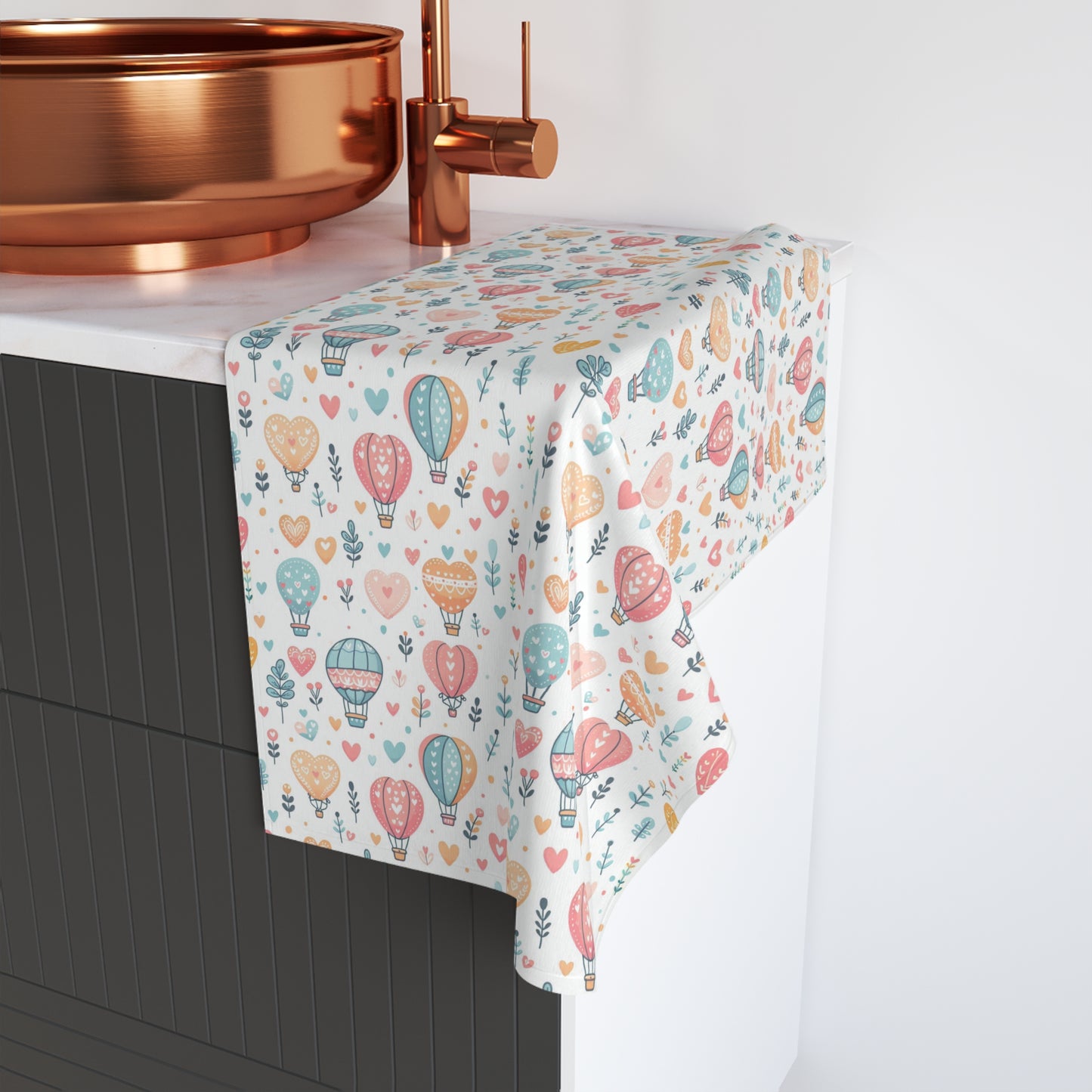 Hand Towel, Hearts & Hot Air Balloons Design, Bathroom Decor, Soft Pastel Colors, Cute Kitchen Towel, Housewarming Gift, Whimsical Towel