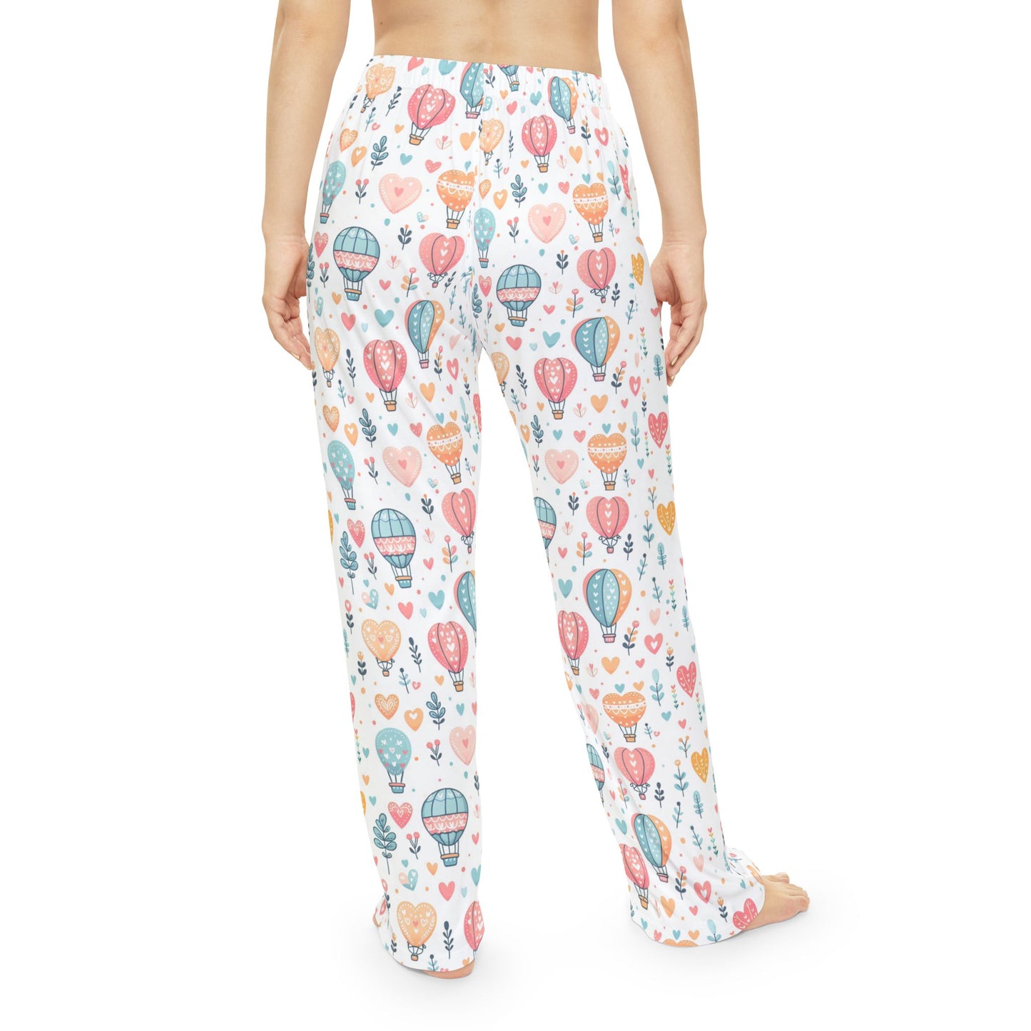Women's Pajama Pants, Hearts & Hot Air Balloons, Whimsical Art, Soft Pastel Colors, Relaxation Lounge Wear