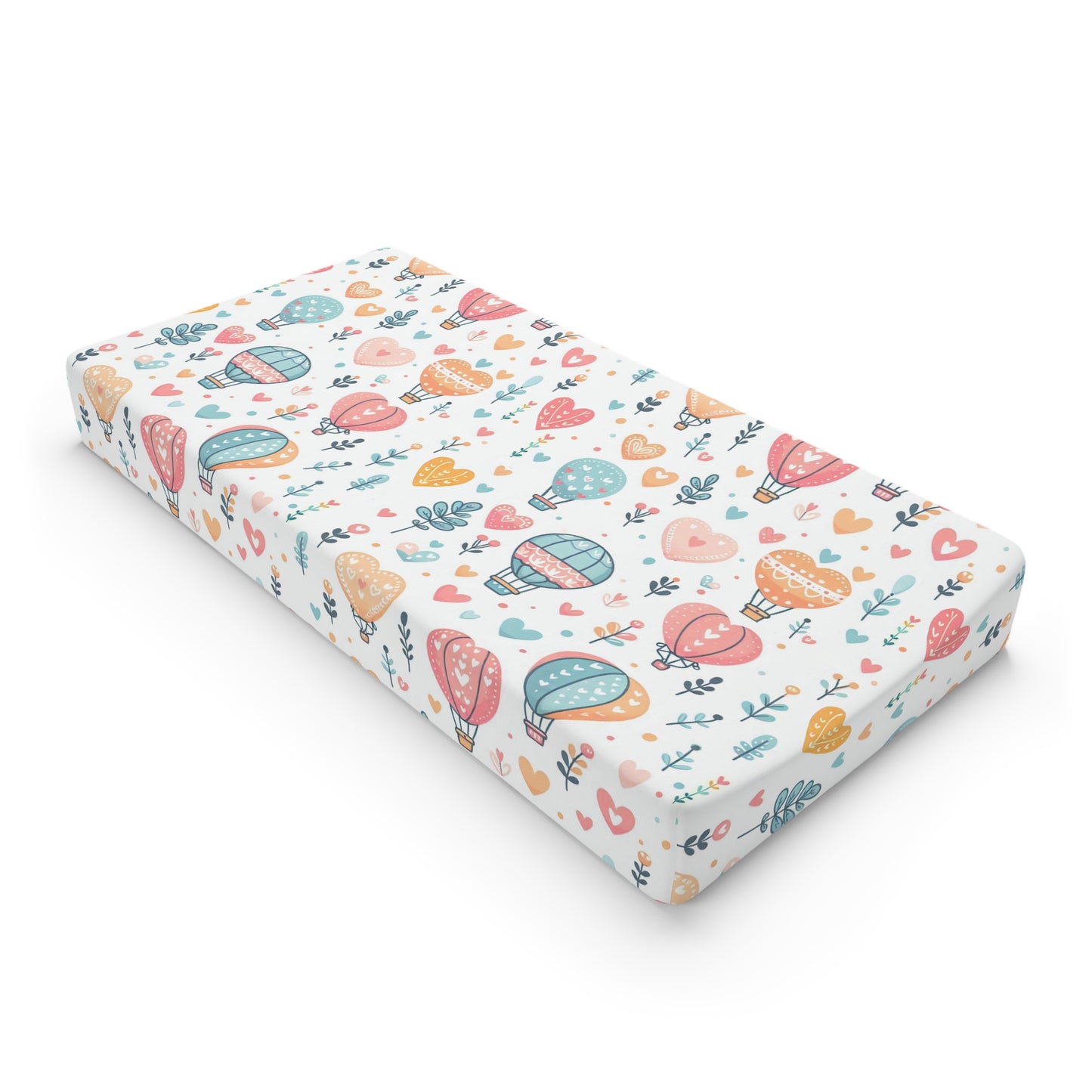 Changing Pad Cover, Hearts & Hot Air Balloons, Nursery Decor, Baby Shower Gift, Pastel Colors, Whimsical Art