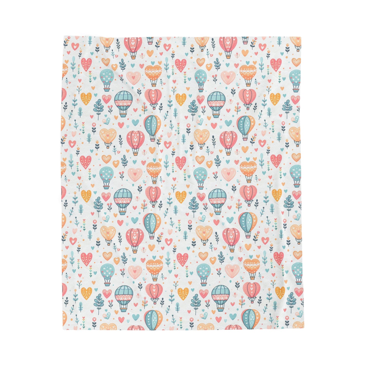 Velveteen Blanket, Hearts & Hot Air Balloons Cozy Plush Throw, Soft Pastel Art, Home Decor, Gift for Her, Nursery Decor, Baby Shower Gift,