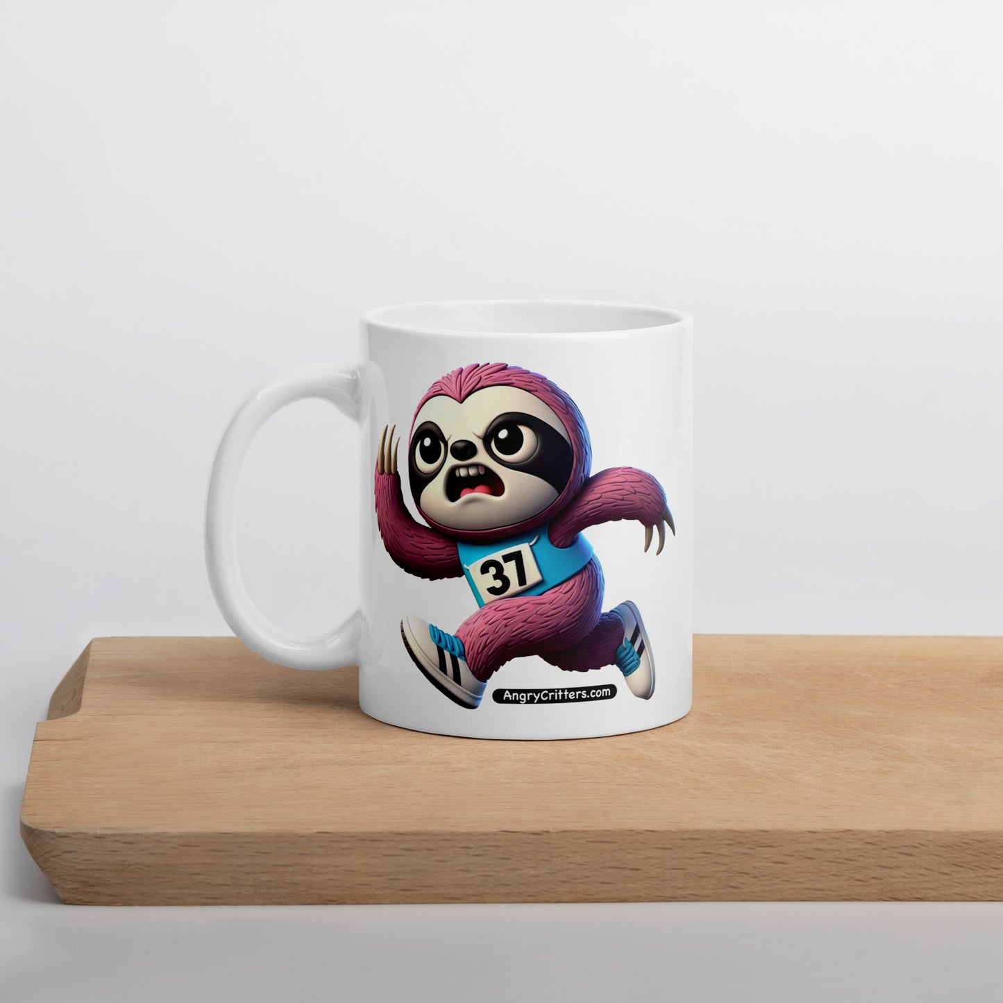 Angry Critters - Running Sloth, White glossy mug