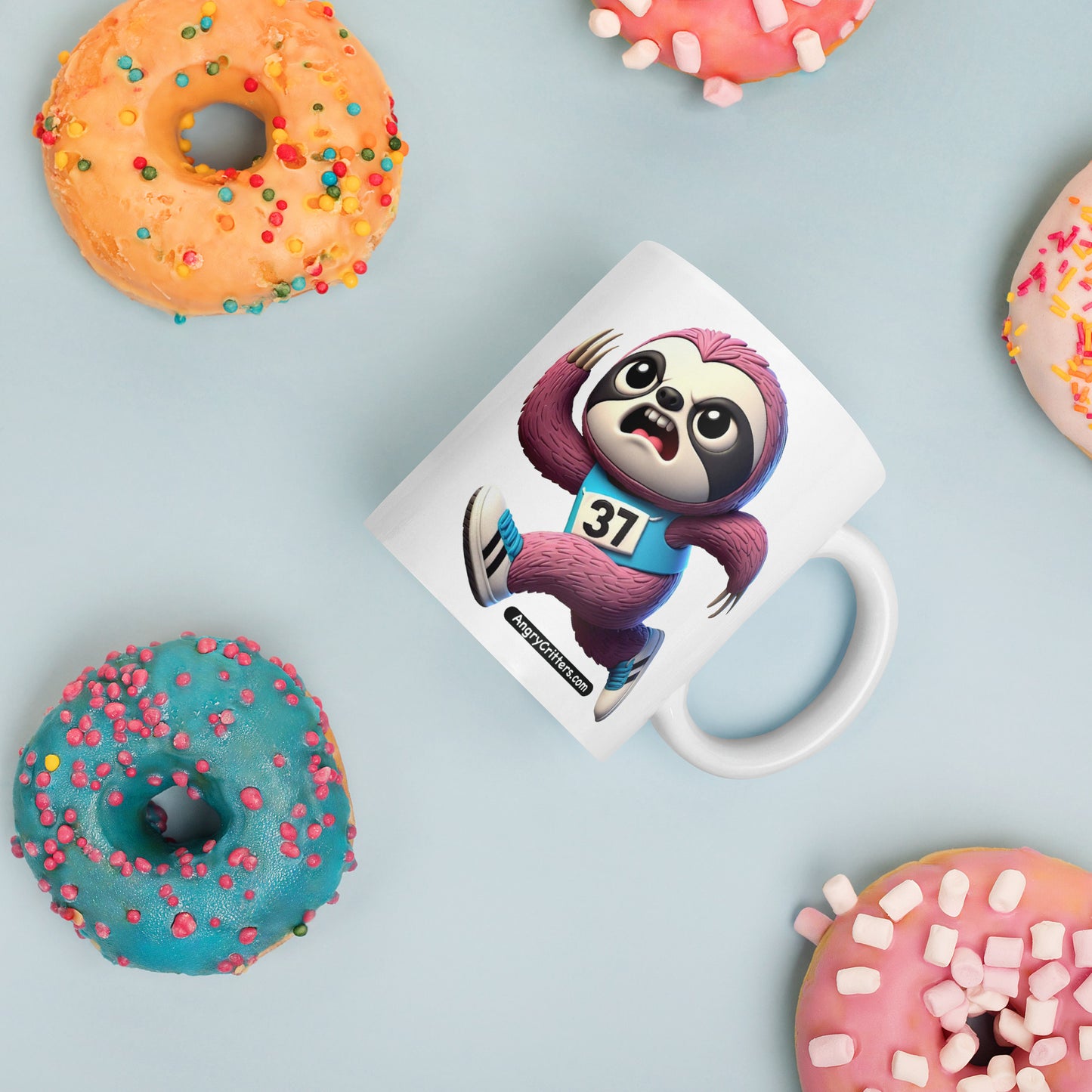 Angry Critters - Running Sloth, White glossy mug