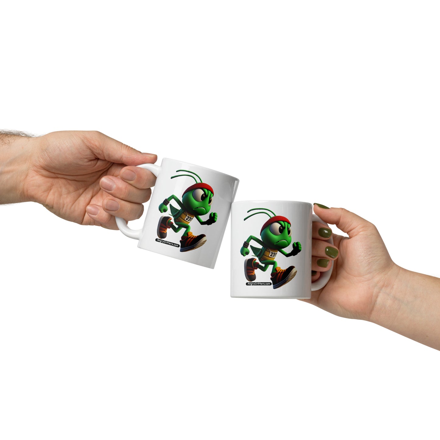 Angry Critters - Grasshopper Runner, White glossy mug