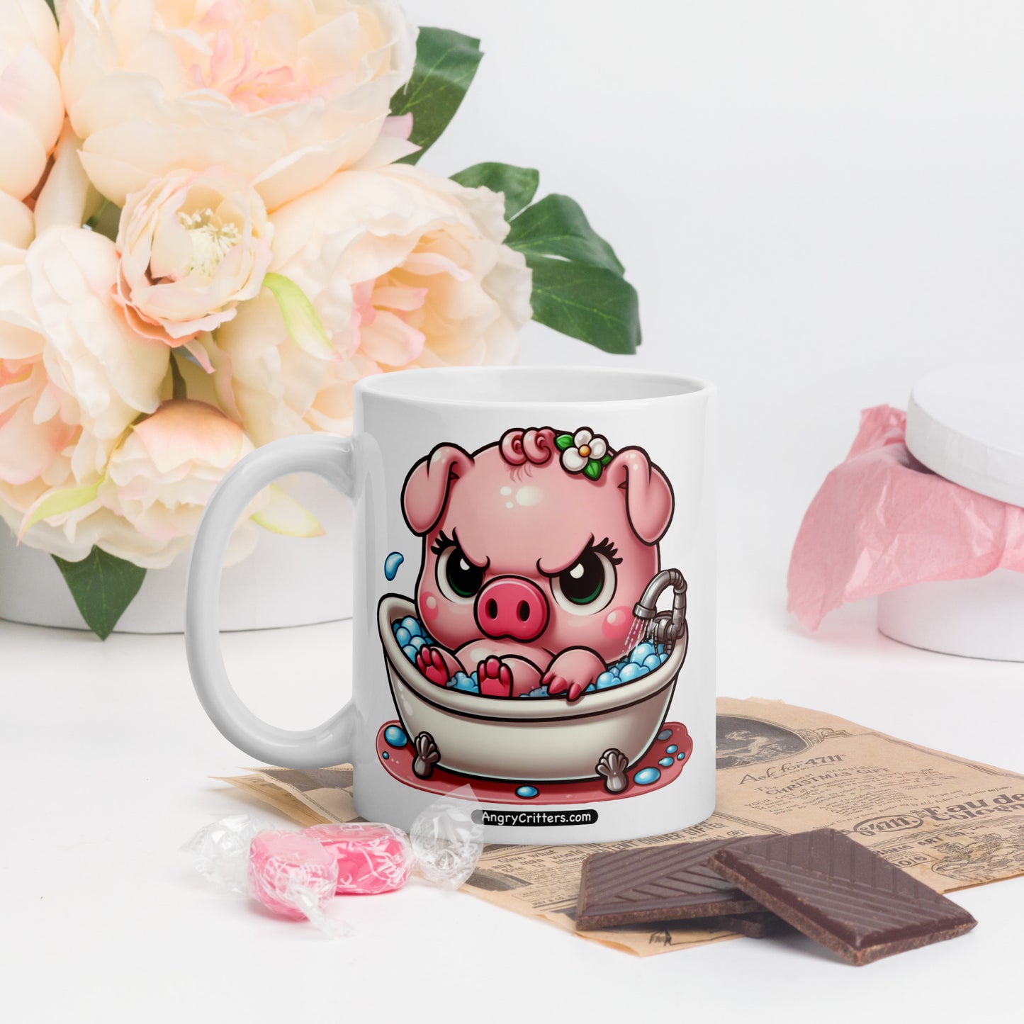 Angry Critters - Pig in a Bubble Bath White glossy mug