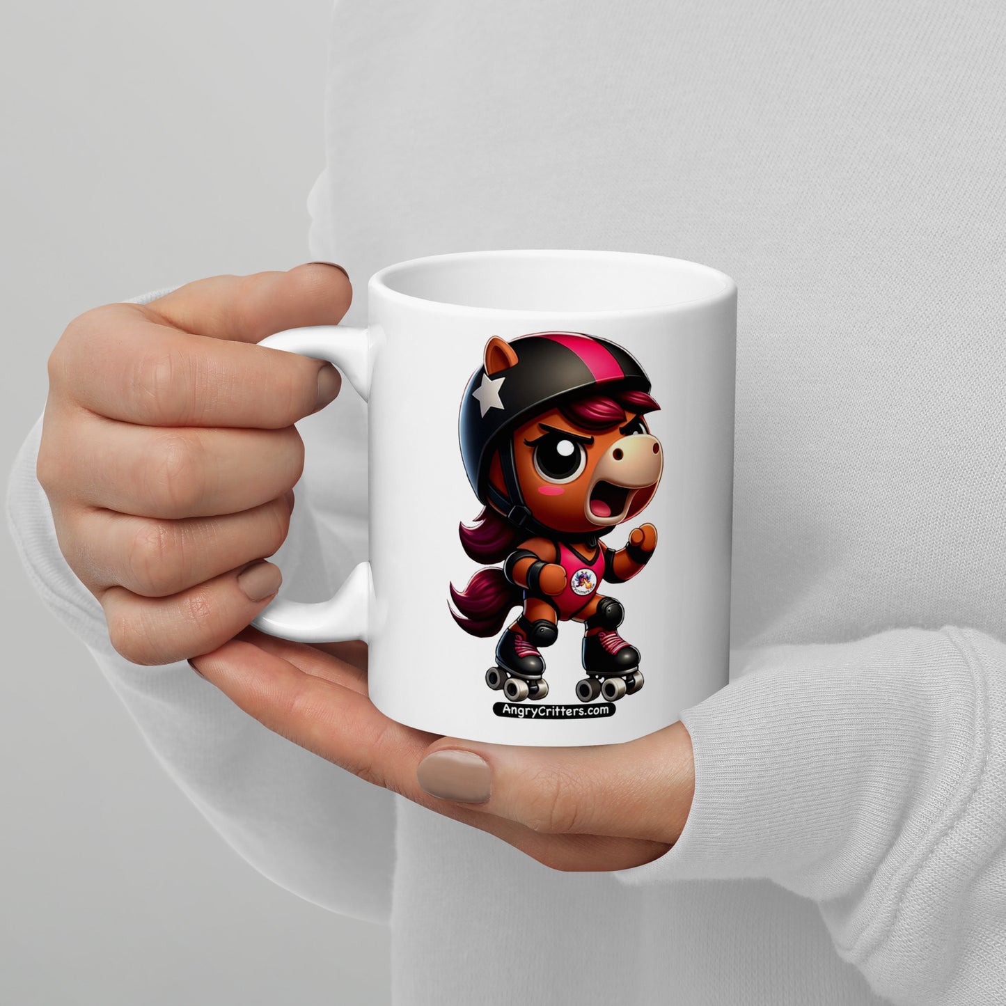 Angry Critters - Horse in Derby White glossy mug