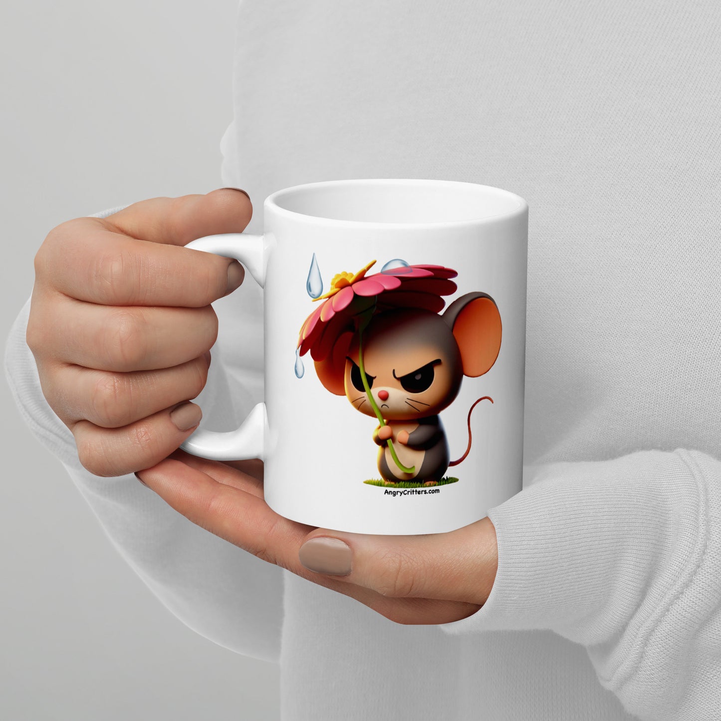 Angry Critters - Mouse with Flower Umbrella White glossy mug