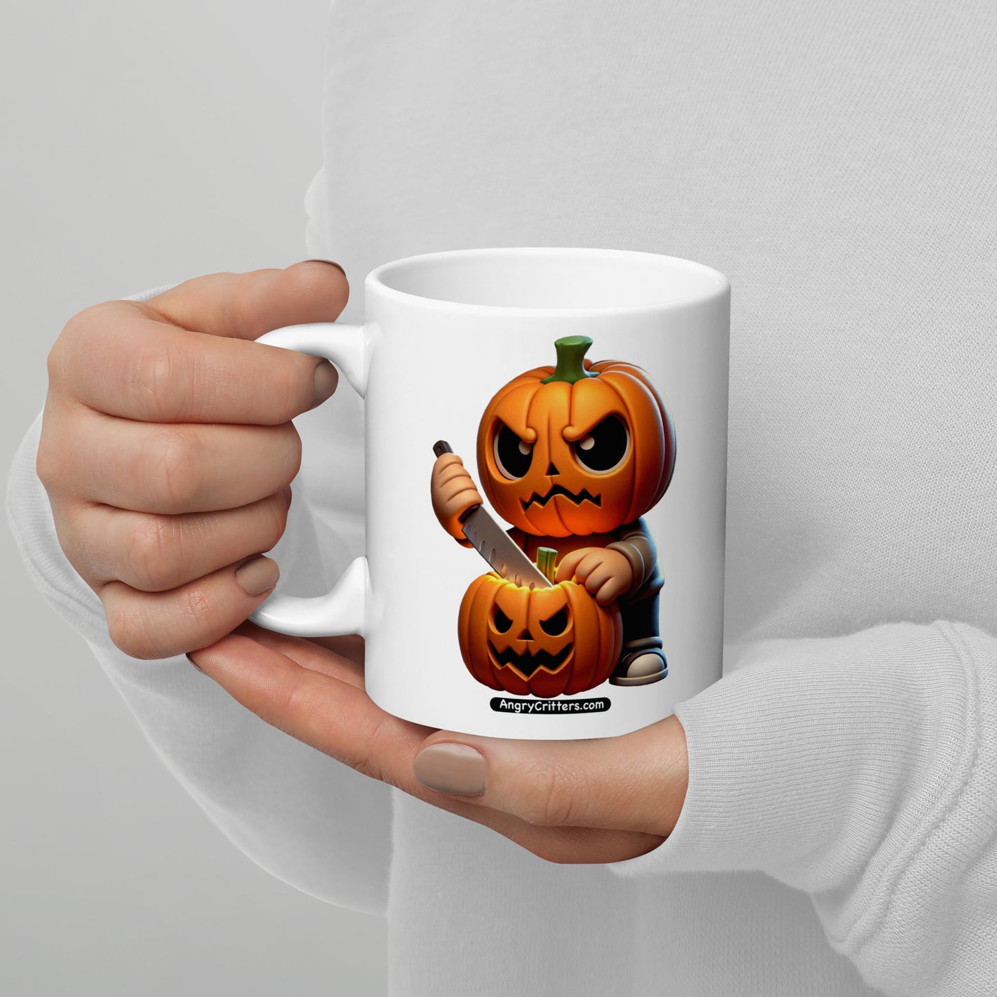 Angry Critters - Jack Carving Pumpkin, White glossy mug
