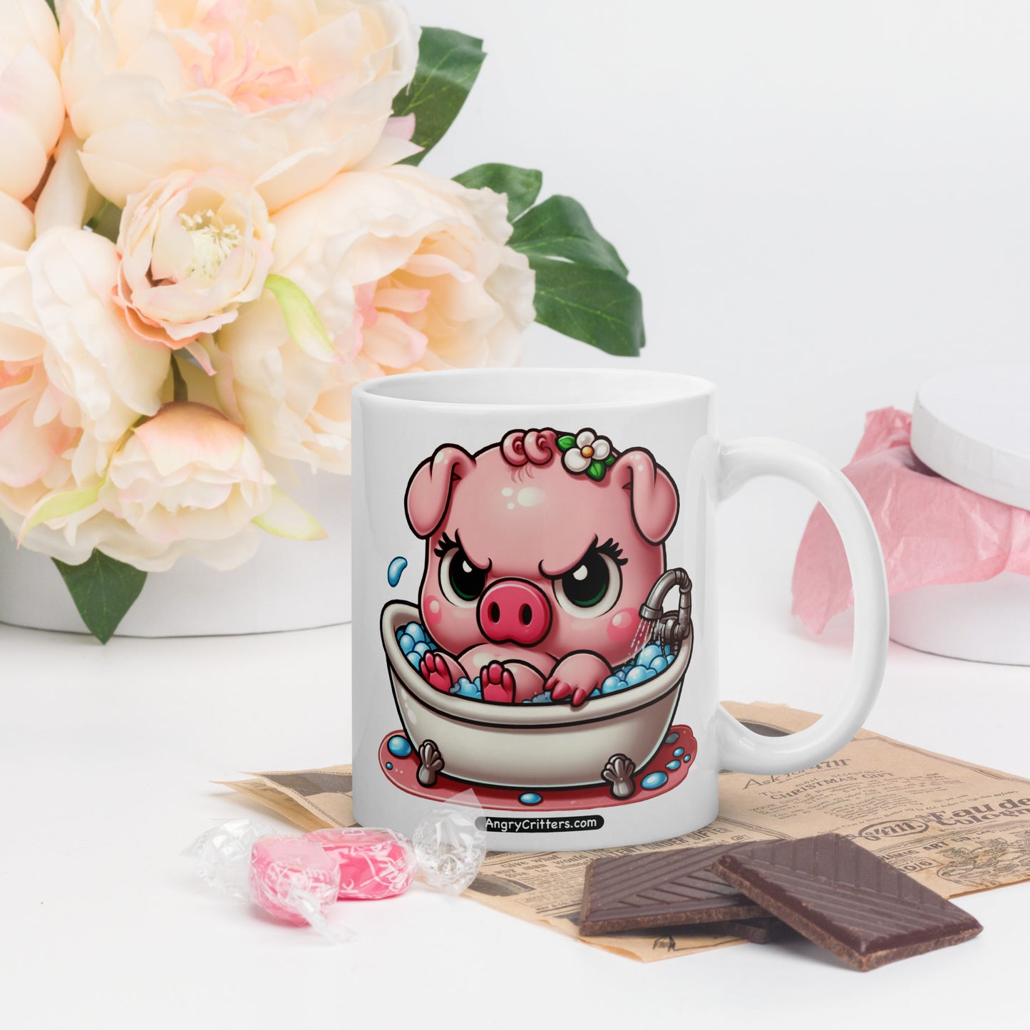 Angry Critters - Pig in a Bubble Bath White glossy mug