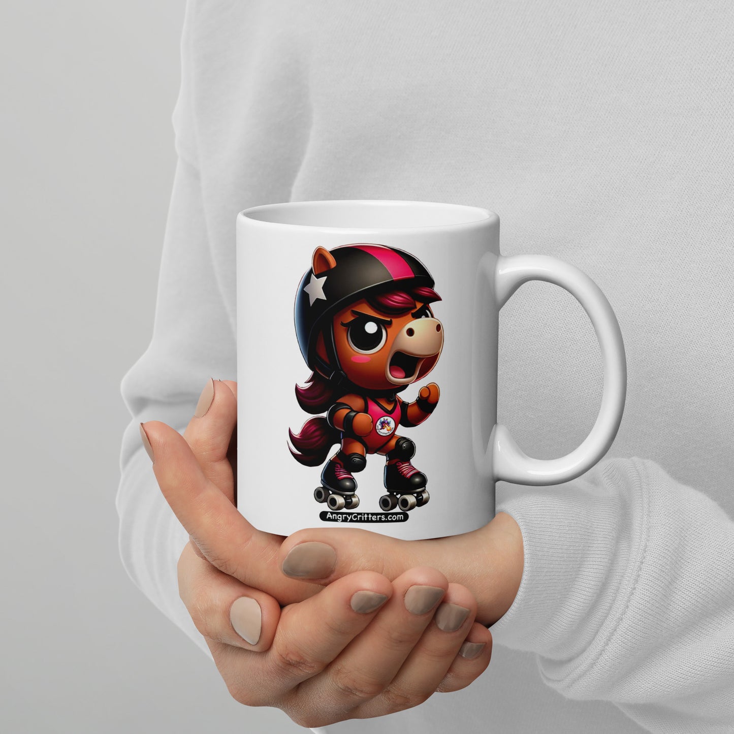 Angry Critters - Horse in Derby White glossy mug