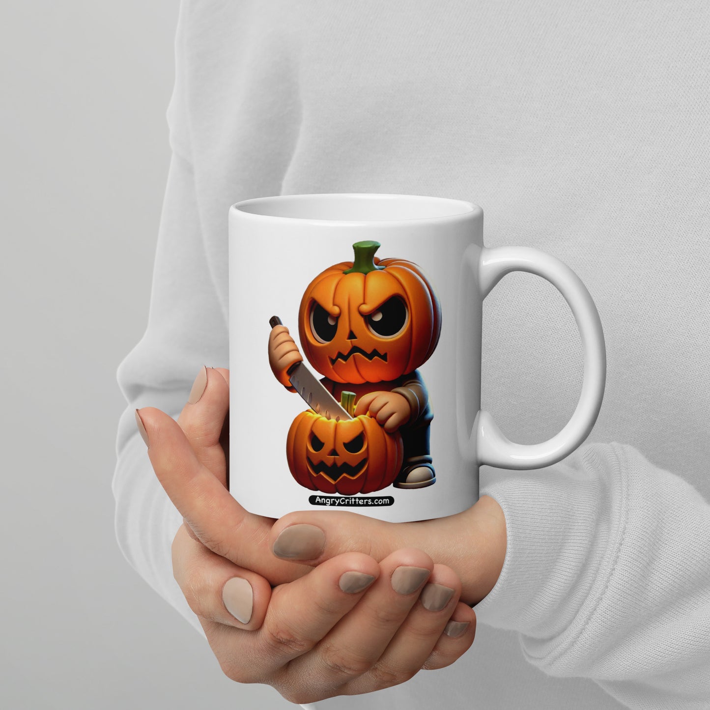 Angry Critters - Jack Carving Pumpkin, White glossy mug