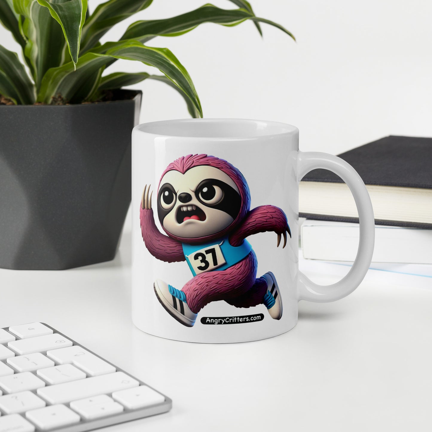 Angry Critters - Running Sloth, White glossy mug