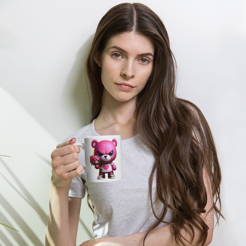 Angry Critters - Pink Teddy Bear with Flowers, White glossy mug