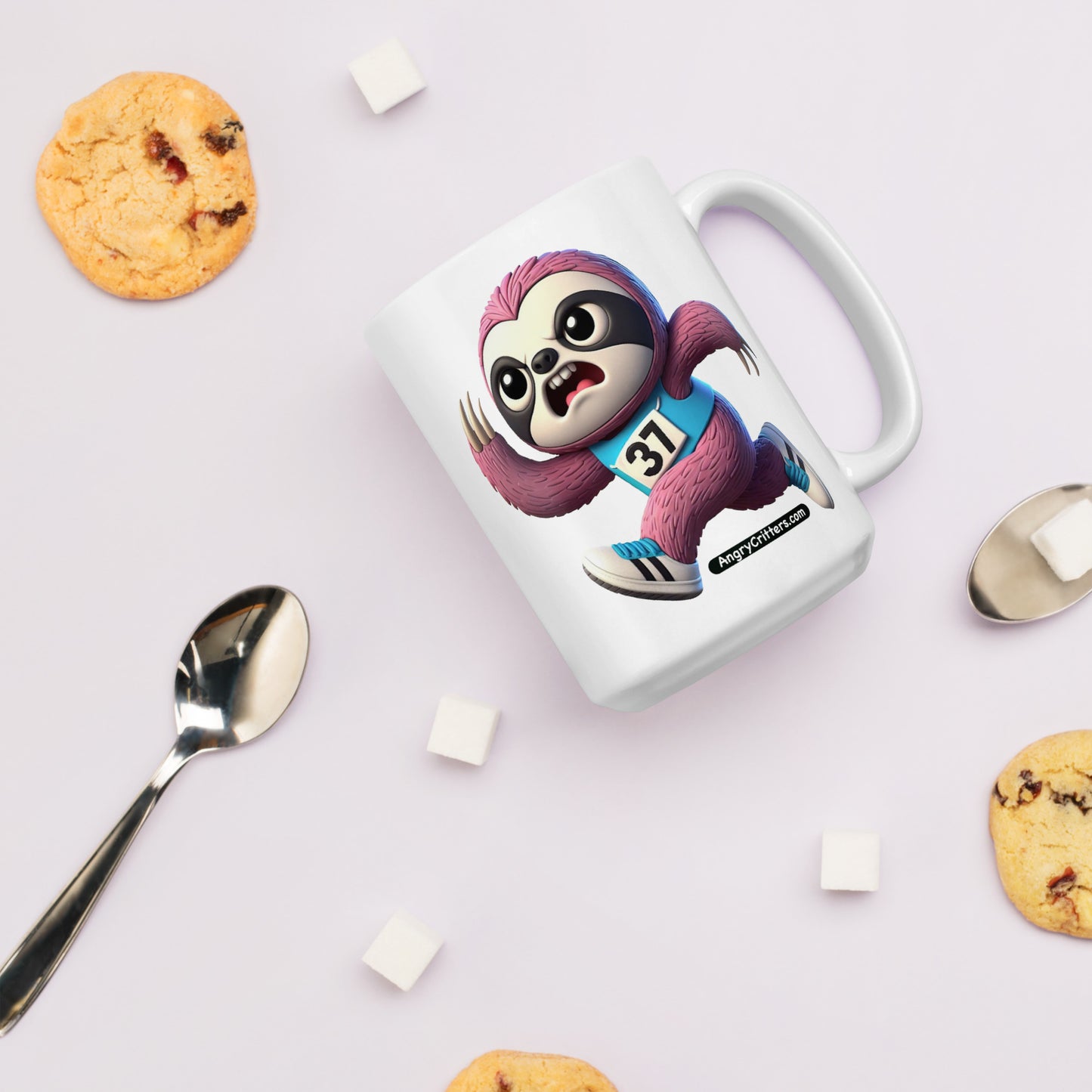 Angry Critters - Running Sloth, White glossy mug