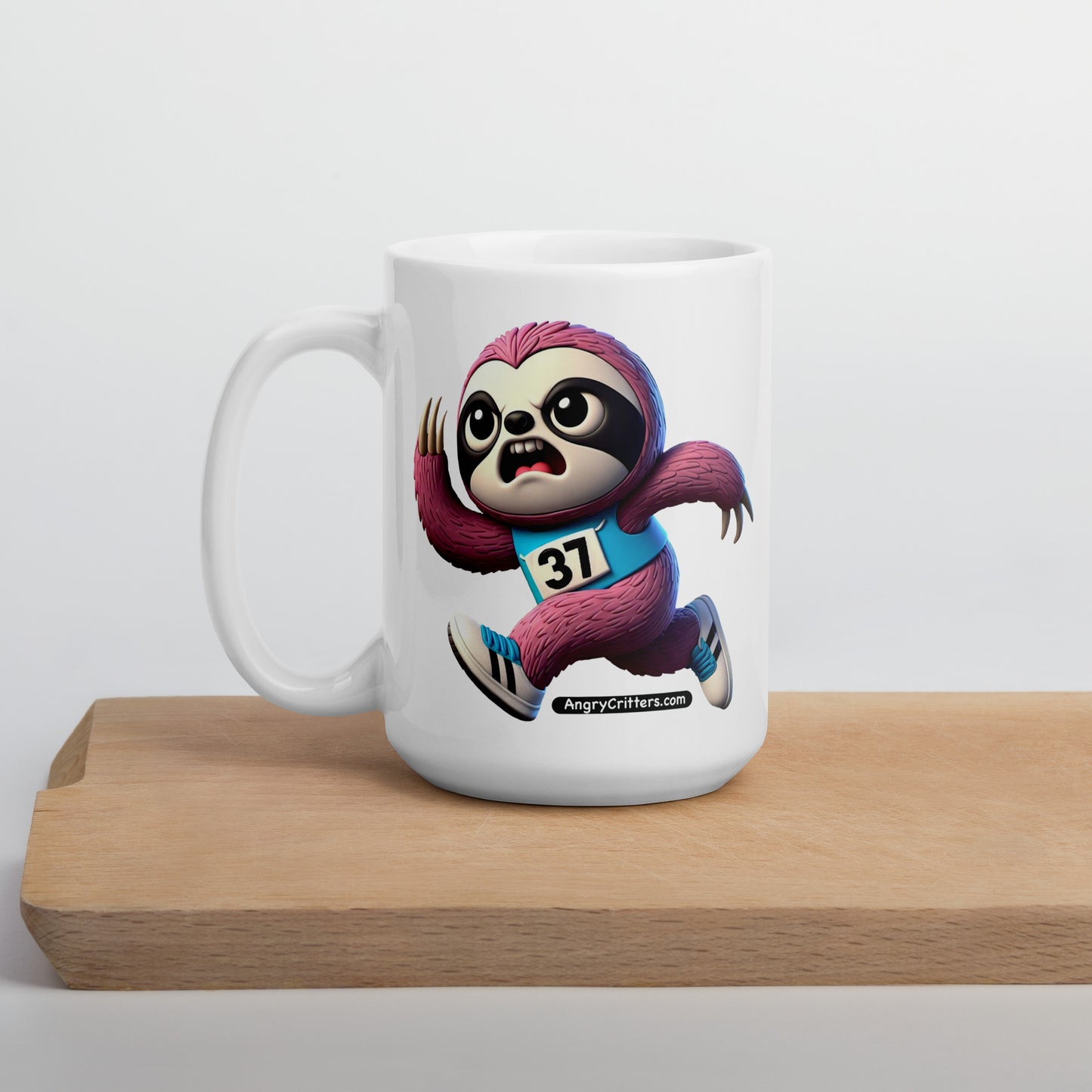Angry Critters - Running Sloth, White glossy mug