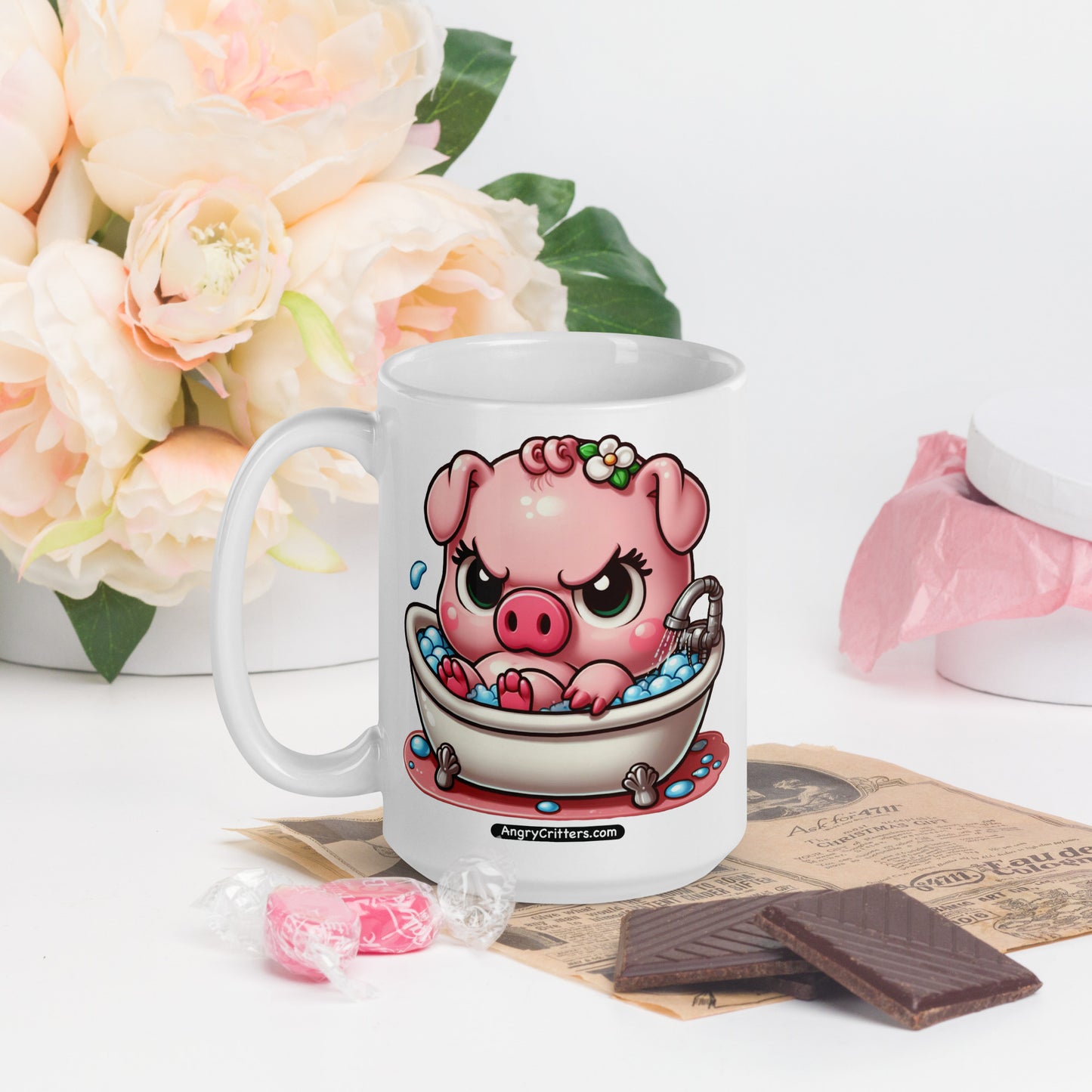 Angry Critters - Pig in a Bubble Bath White glossy mug