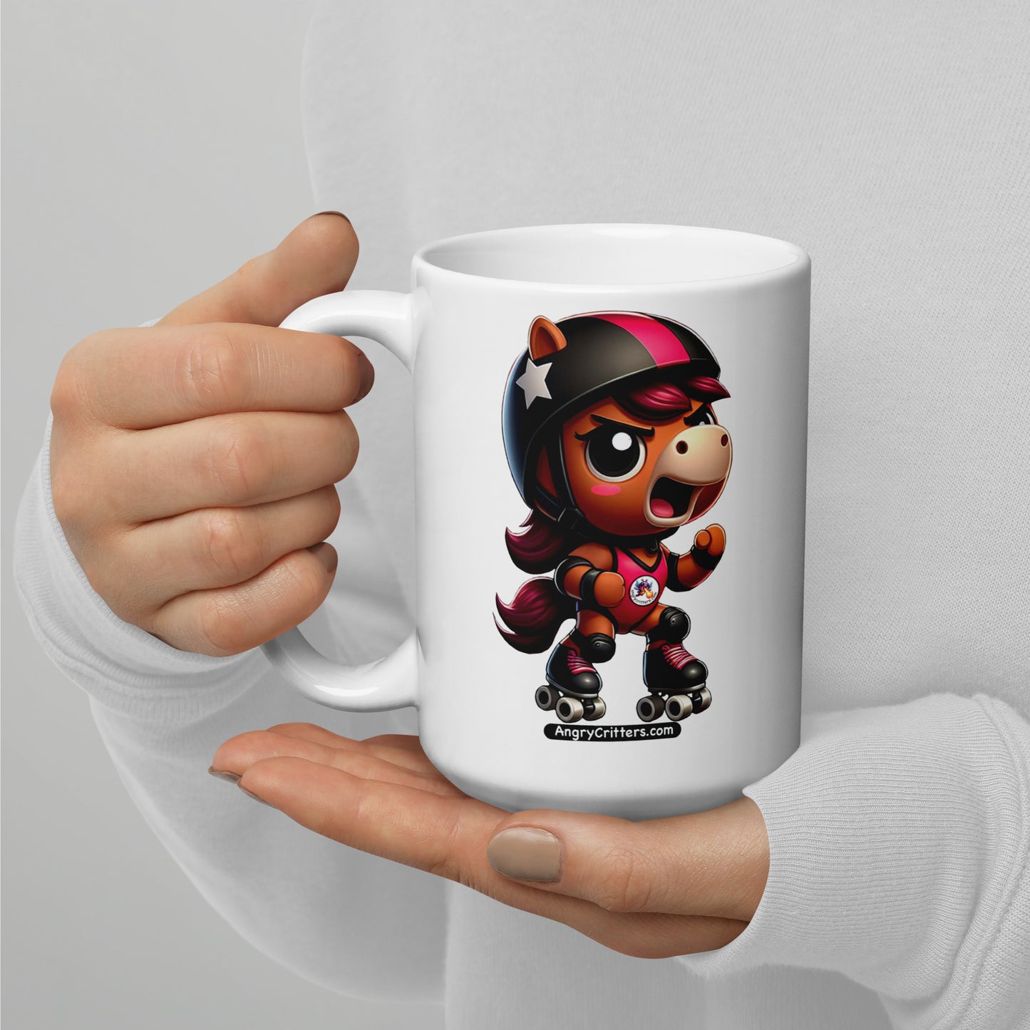 Angry Critters - Horse in Derby White glossy mug