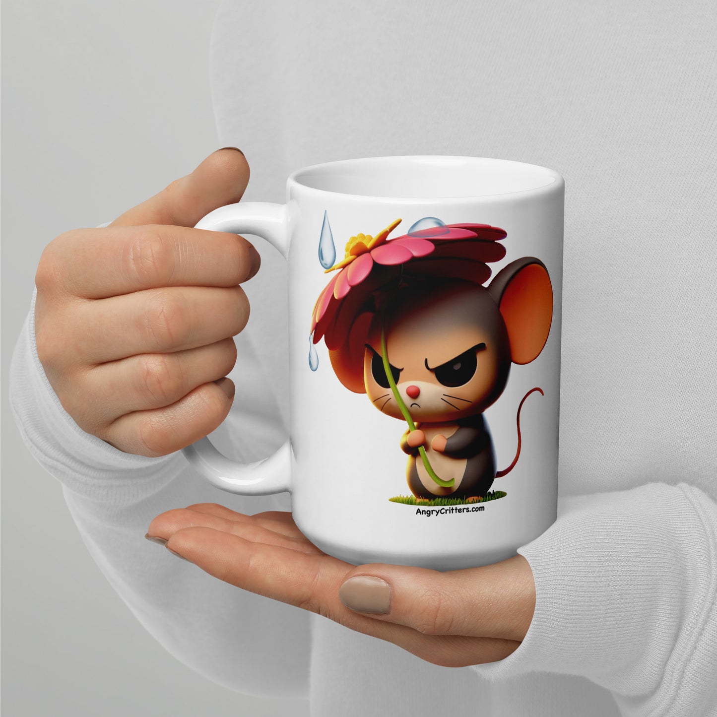 Angry Critters - Mouse with Flower Umbrella White glossy mug