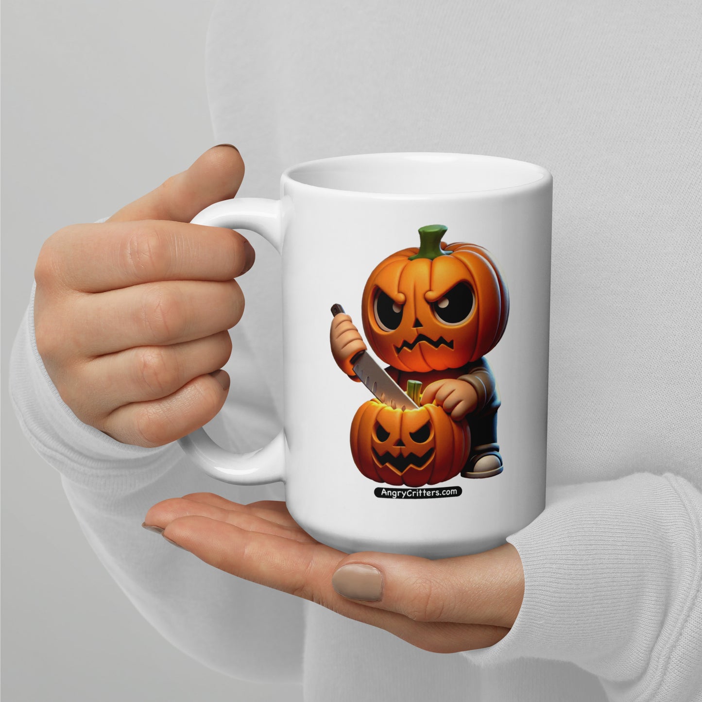 Angry Critters - Jack Carving Pumpkin, White glossy mug