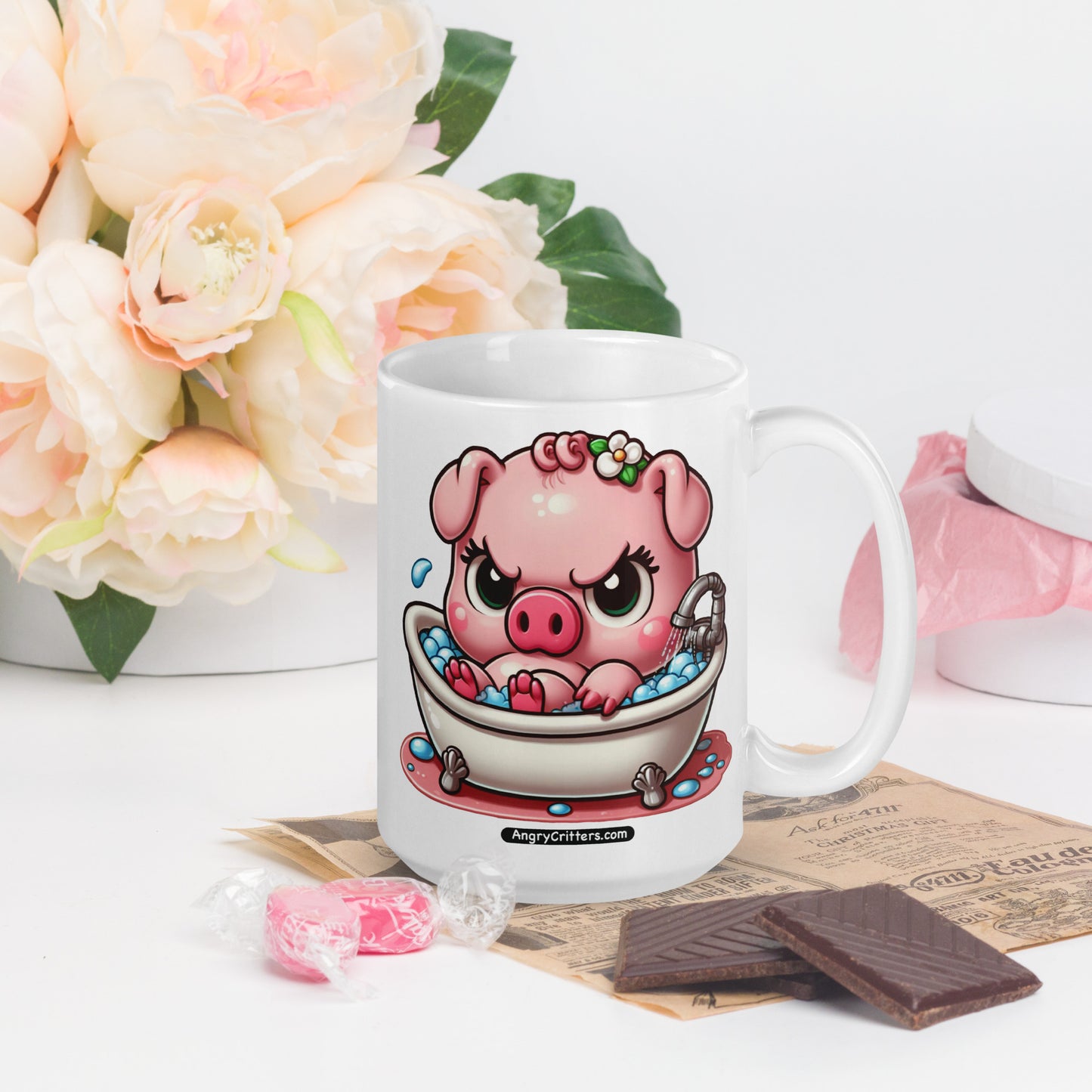 Angry Critters - Pig in a Bubble Bath White glossy mug