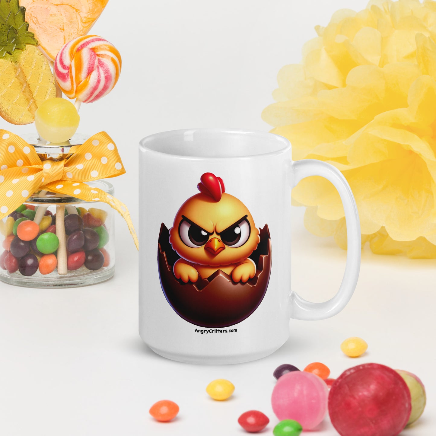 Angry Critters - Chick in Chocolate Egg White glossy mug