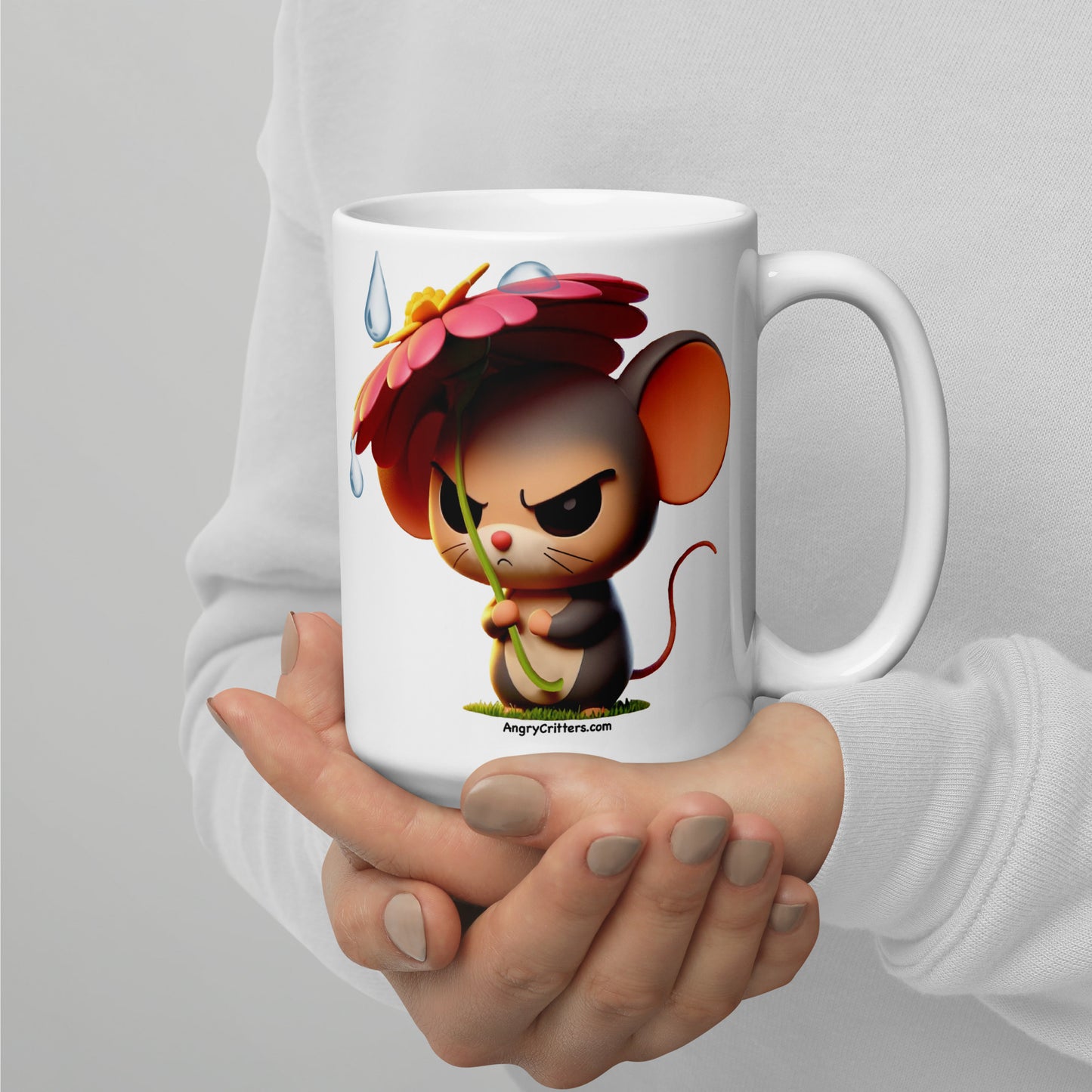 Angry Critters - Mouse with Flower Umbrella White glossy mug