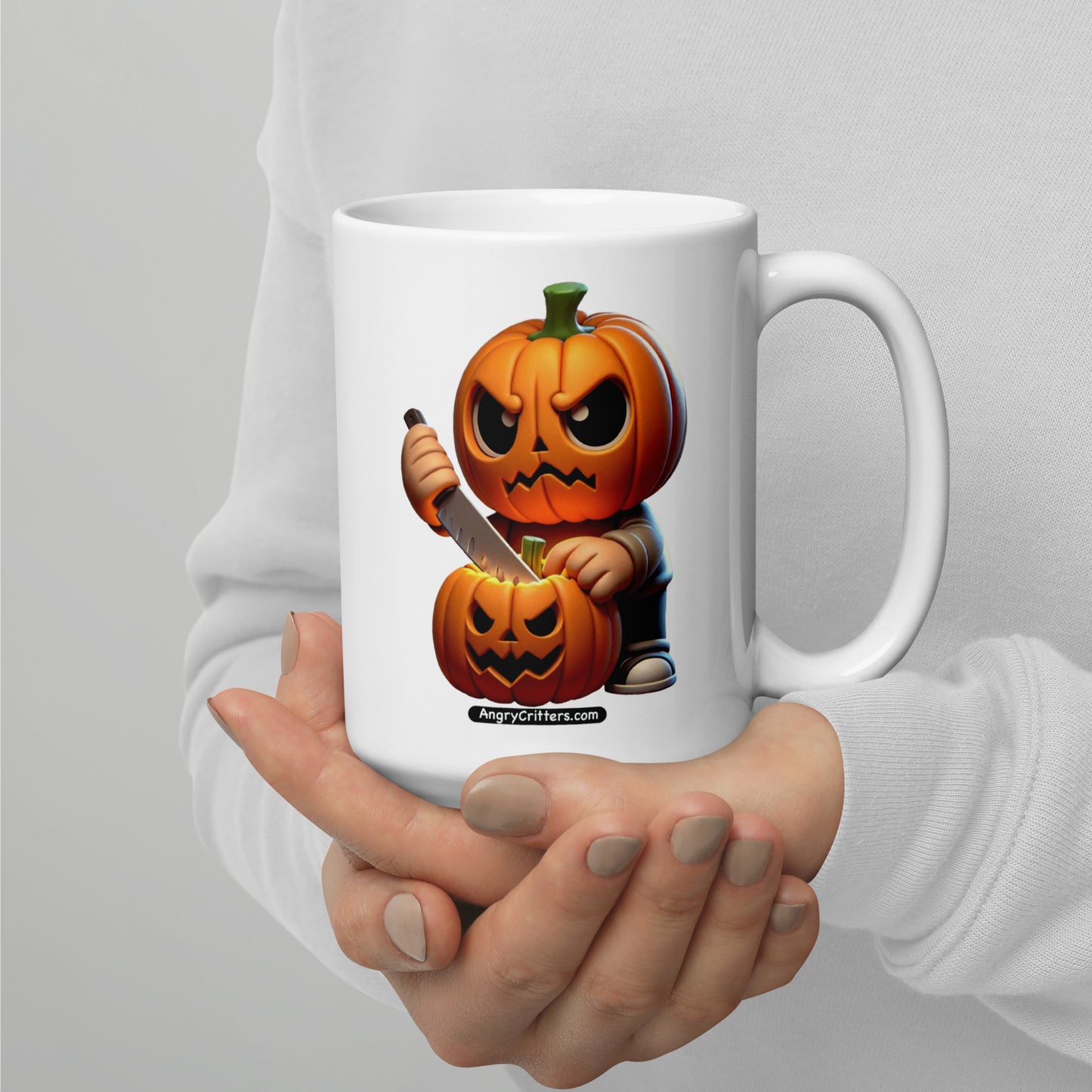 Angry Critters - Jack Carving Pumpkin, White glossy mug