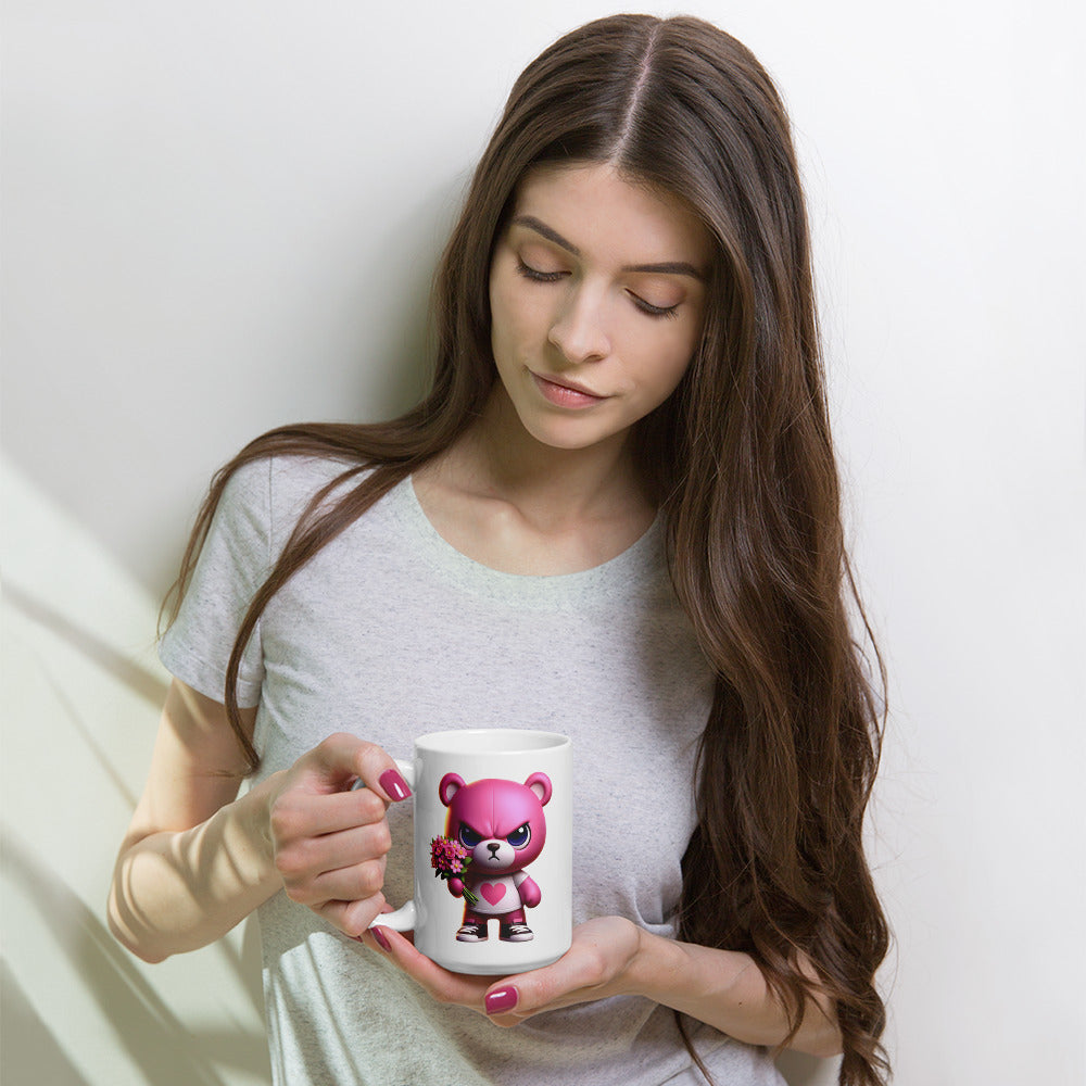 Angry Critters - Pink Teddy Bear with Flowers, White glossy mug