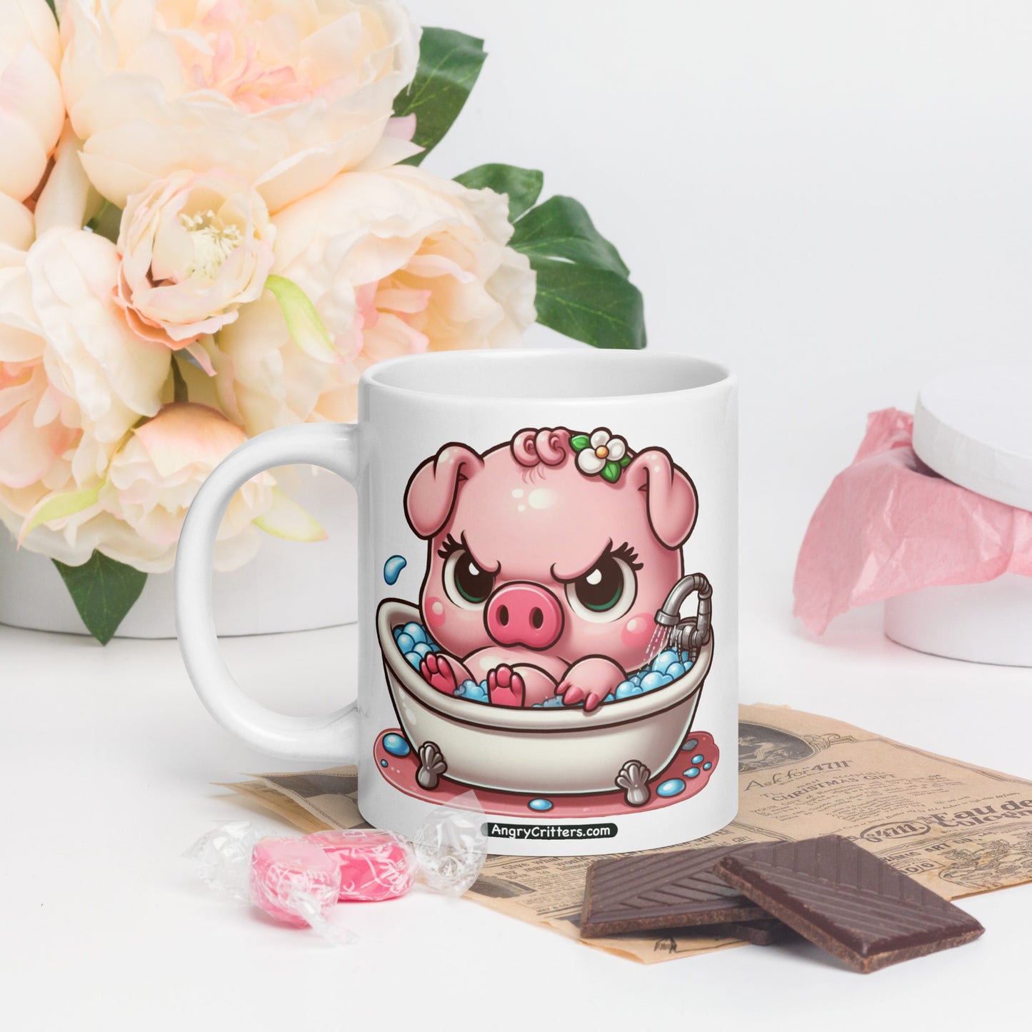 Angry Critters - Pig in a Bubble Bath White glossy mug