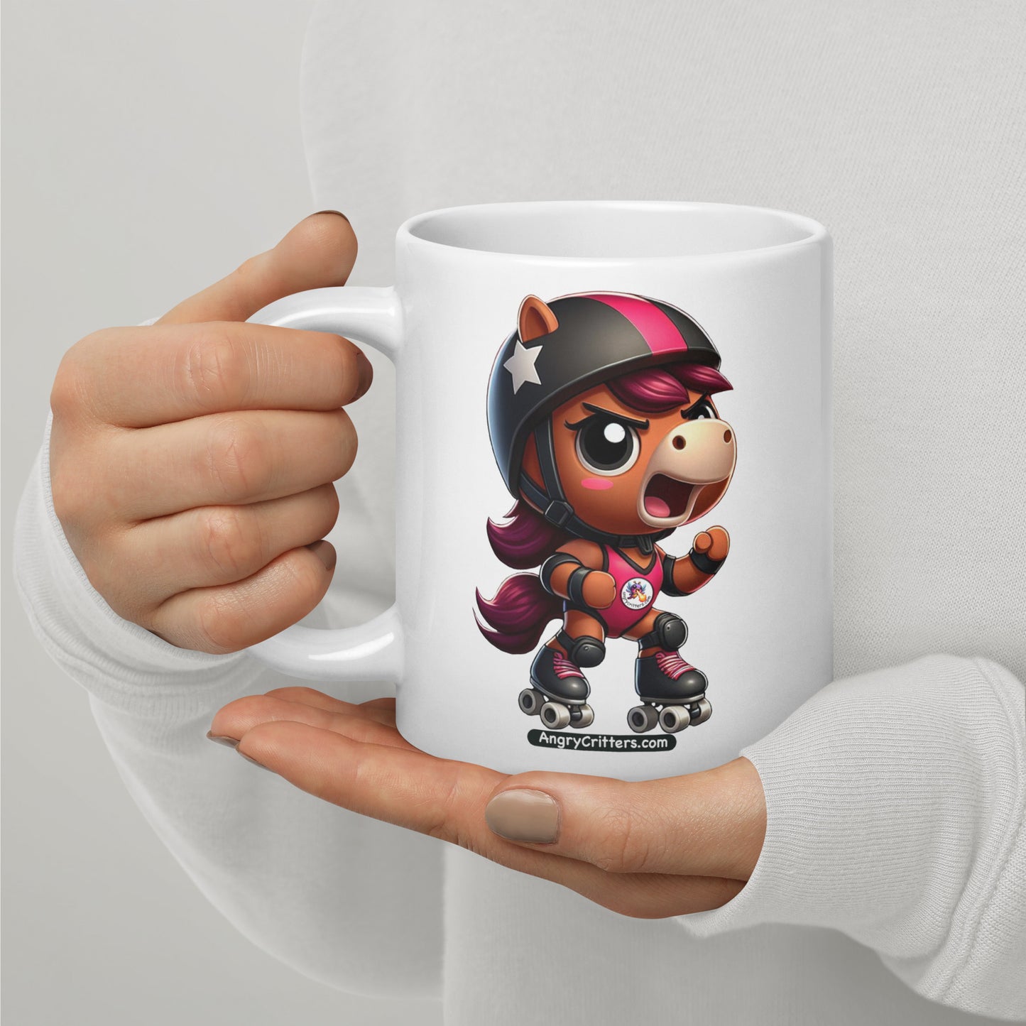 Angry Critters - Horse in Derby White glossy mug