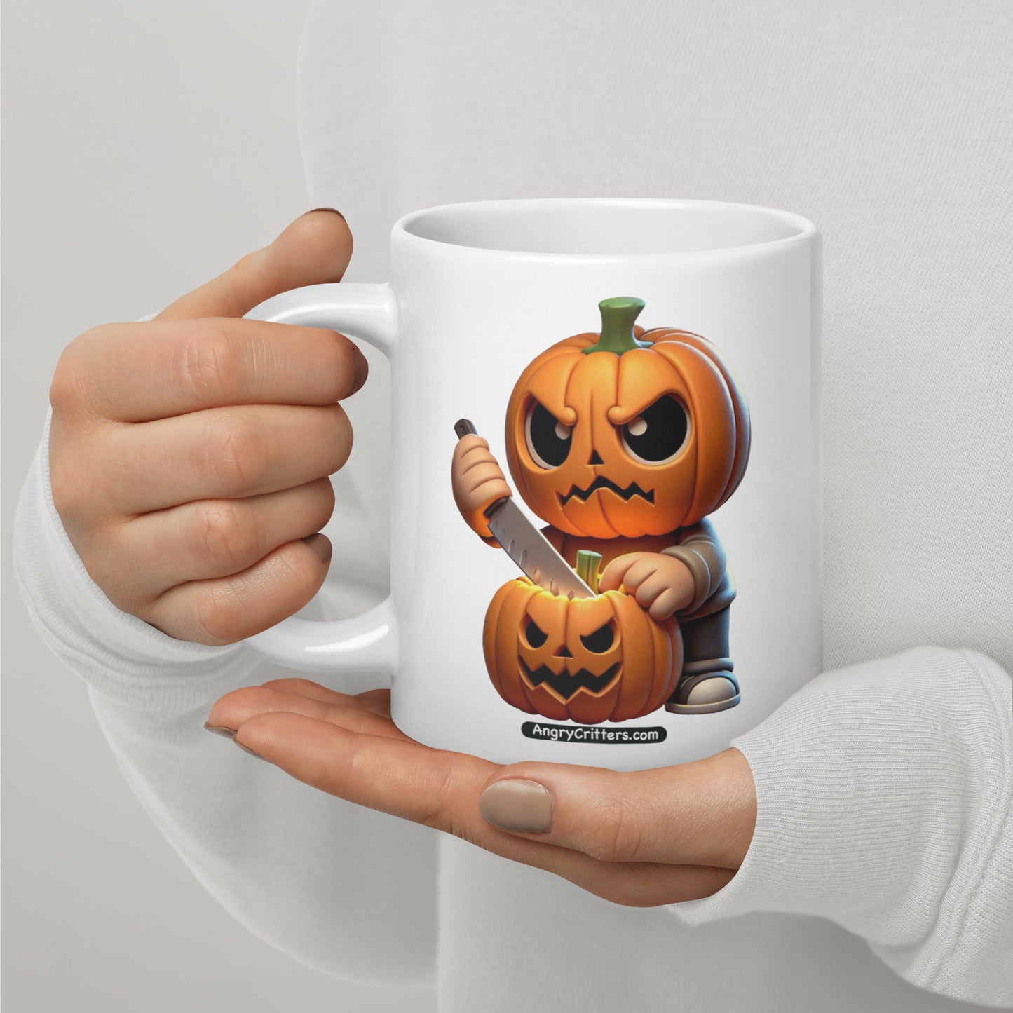 Angry Critters - Jack Carving Pumpkin, White glossy mug