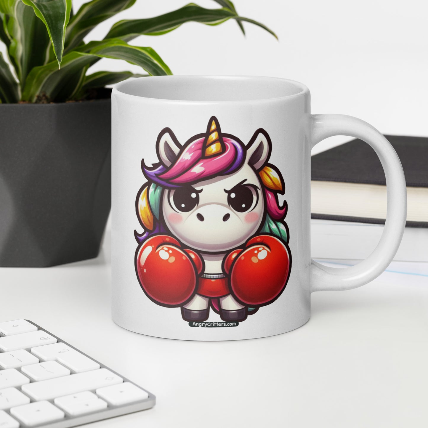 Angry Critters - Unicorn in Boxing Gloves White glossy mug