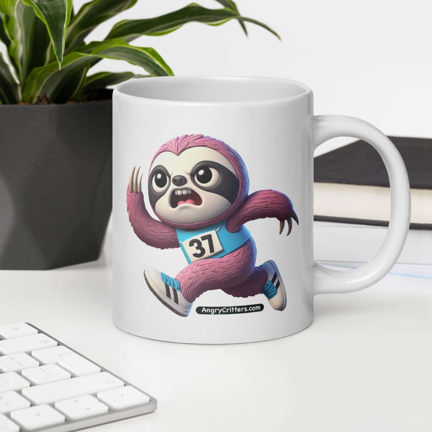 Angry Critters - Running Sloth, White glossy mug