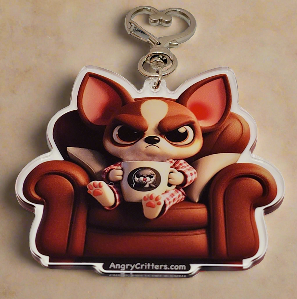 Angry Critters - Chihuahua Drinking Coffee, Acrylic Keychain