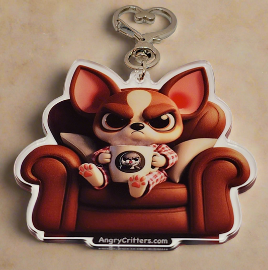 Angry Critters - Chihuahua Drinking Coffee, Acrylic Keychain