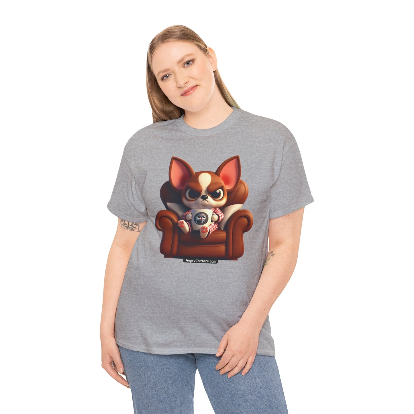 Angry Critters - Chihuahua Having Coffee, Unisex Heavy Cotton Tee