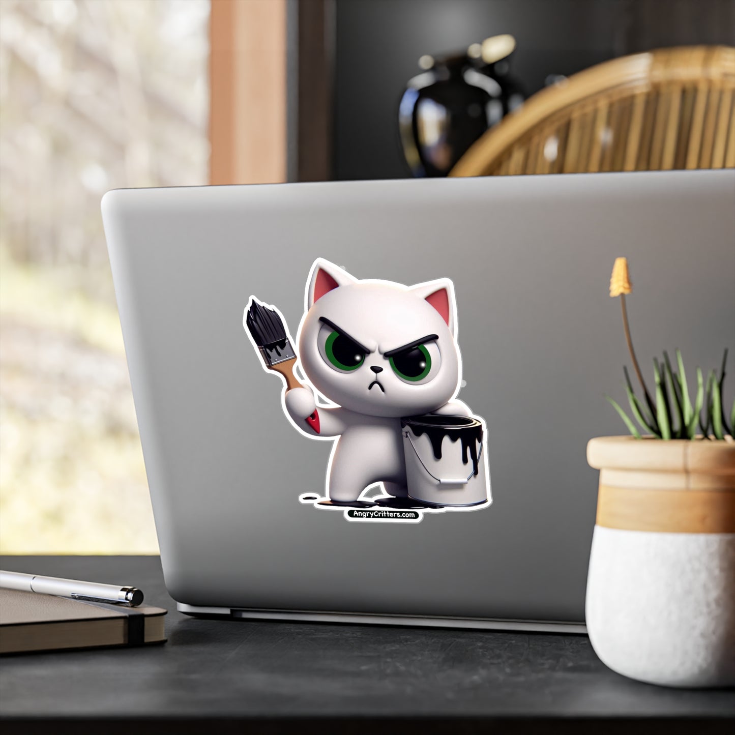 Angry Critters - White Cat with Black Paint, Kiss-Cut Vinyl Decals