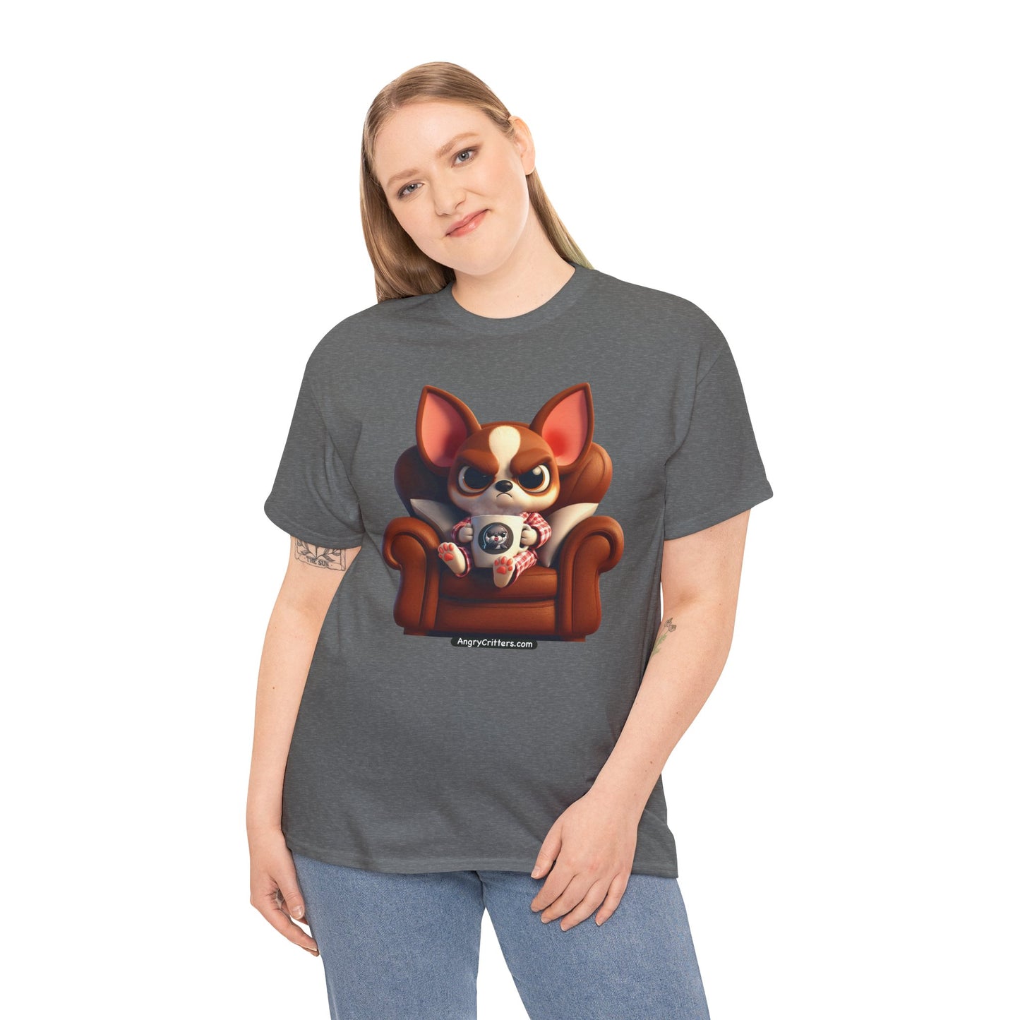 Angry Critters - Chihuahua Having Coffee, Unisex Heavy Cotton Tee