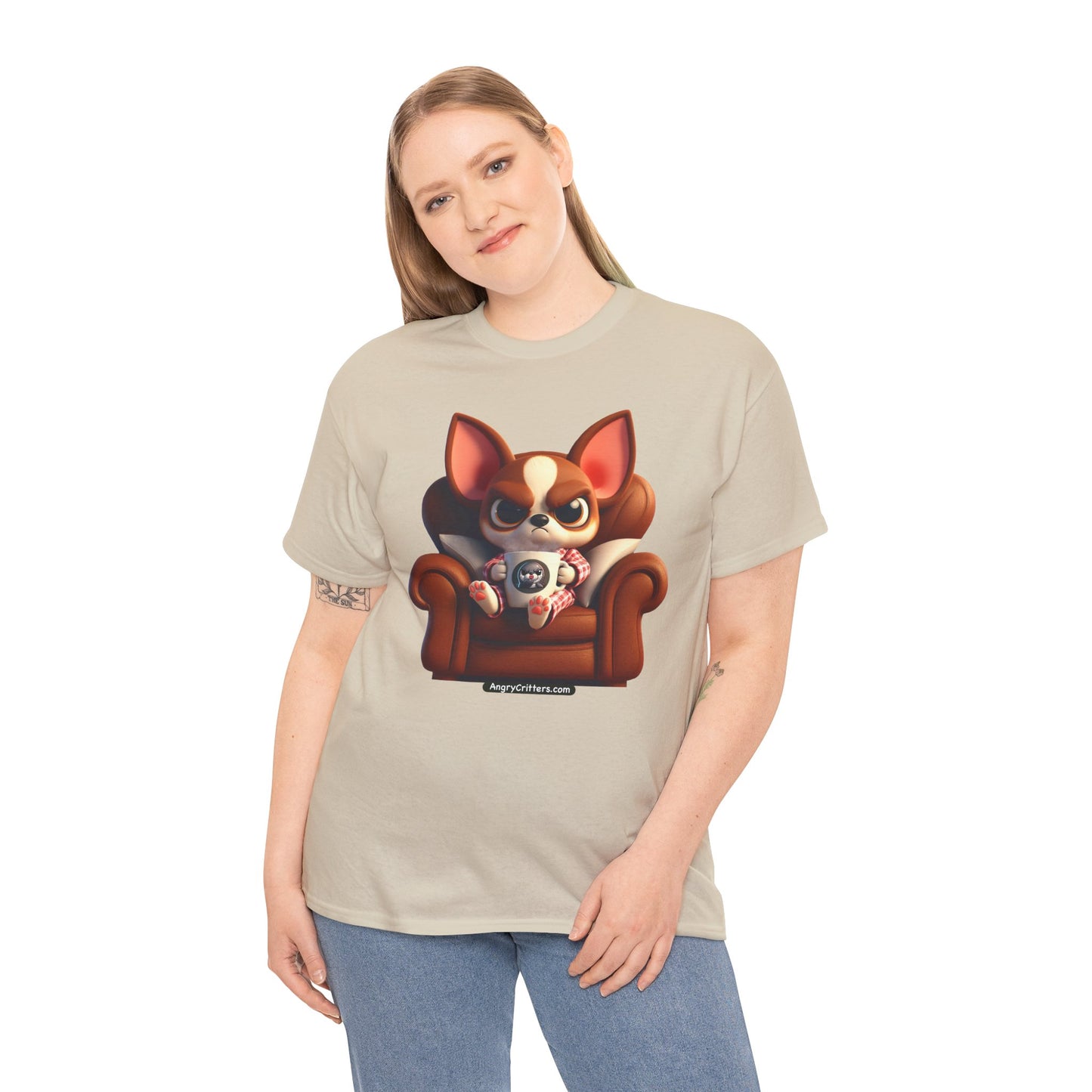 Angry Critters - Chihuahua Having Coffee, Unisex Heavy Cotton Tee