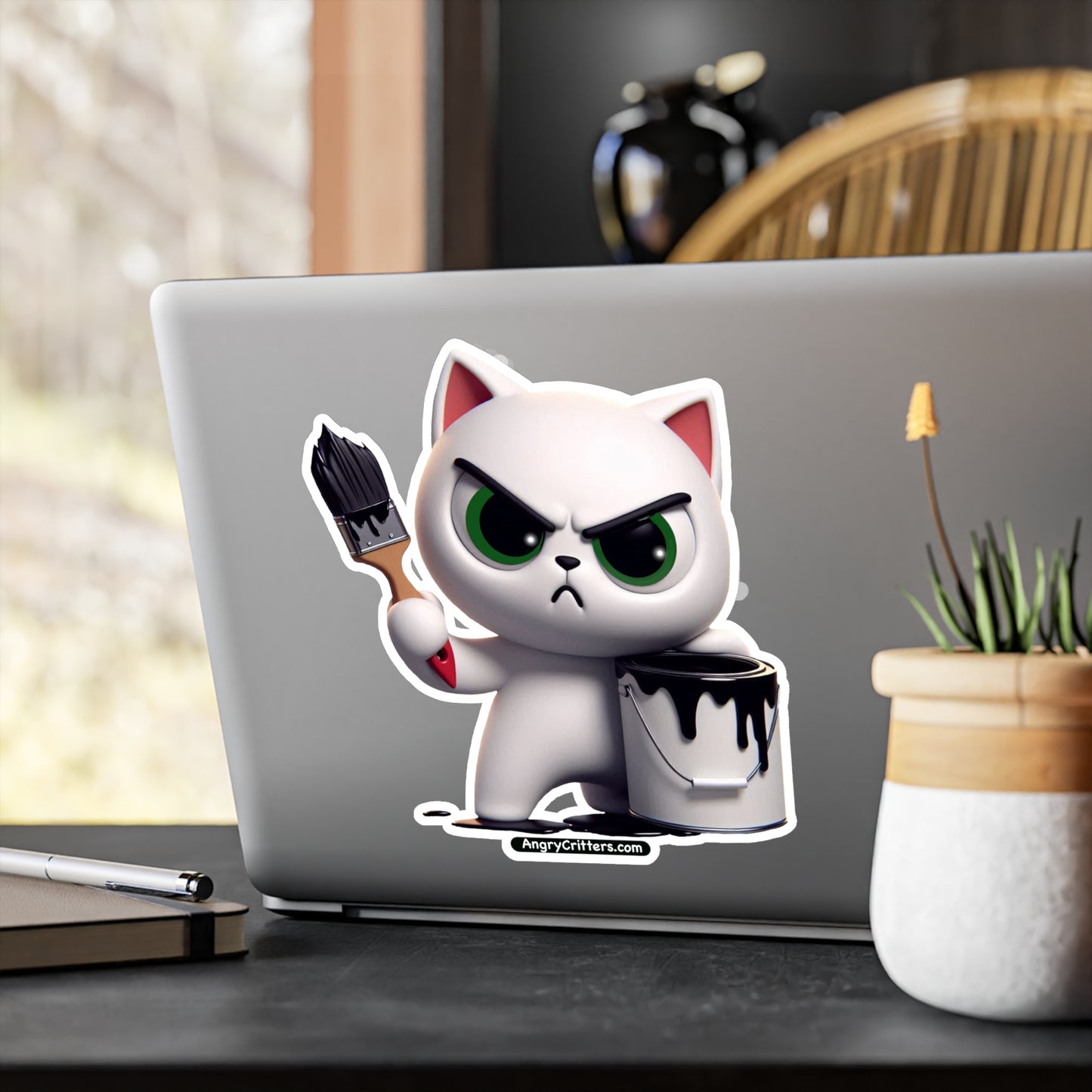 Angry Critters - White Cat with Black Paint, Kiss-Cut Vinyl Decals